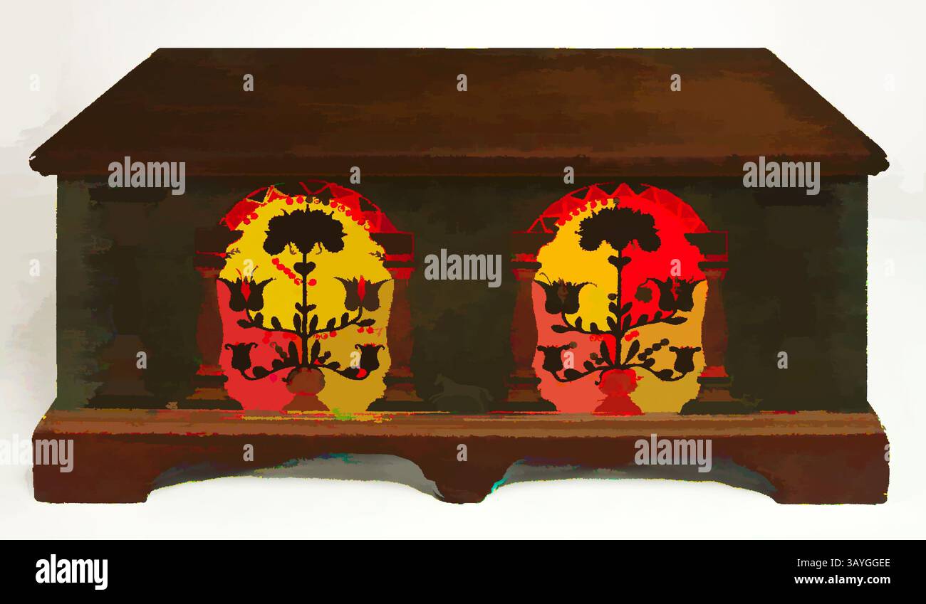 Eine wunderschön gefertigte Holzkiste mit komplizierten Blumenmustern in leuchtenden Rot- und Gelbtönen vor dunklem Hintergrund. Das detailreiche Bildmaterial hebt den Kontrast hervor und schafft ein eindrucksvolles visuelles Herzstück. Amerikanisch, Pennsylvania Deutsch: Brust, Amerikanisch, Pennsylvania Deutsch, 1792, bemaltes Holz und Holzkisten wurden in den deutschen Haushalten des 18. und 19. Jahrhunderts in Pennsylvania zur Aufbewahrung persönlicher Gegenstände und Dokumente verwendet und dienten gelegentlich auch als Sitzgelegenheiten. Beachten Sie die lackierten Säulen an der Vorderseite und den Seiten. Sie erinnern an die anspruchsvolleren Truhen, die für die Oberschicht in produziert wurden Stockfoto