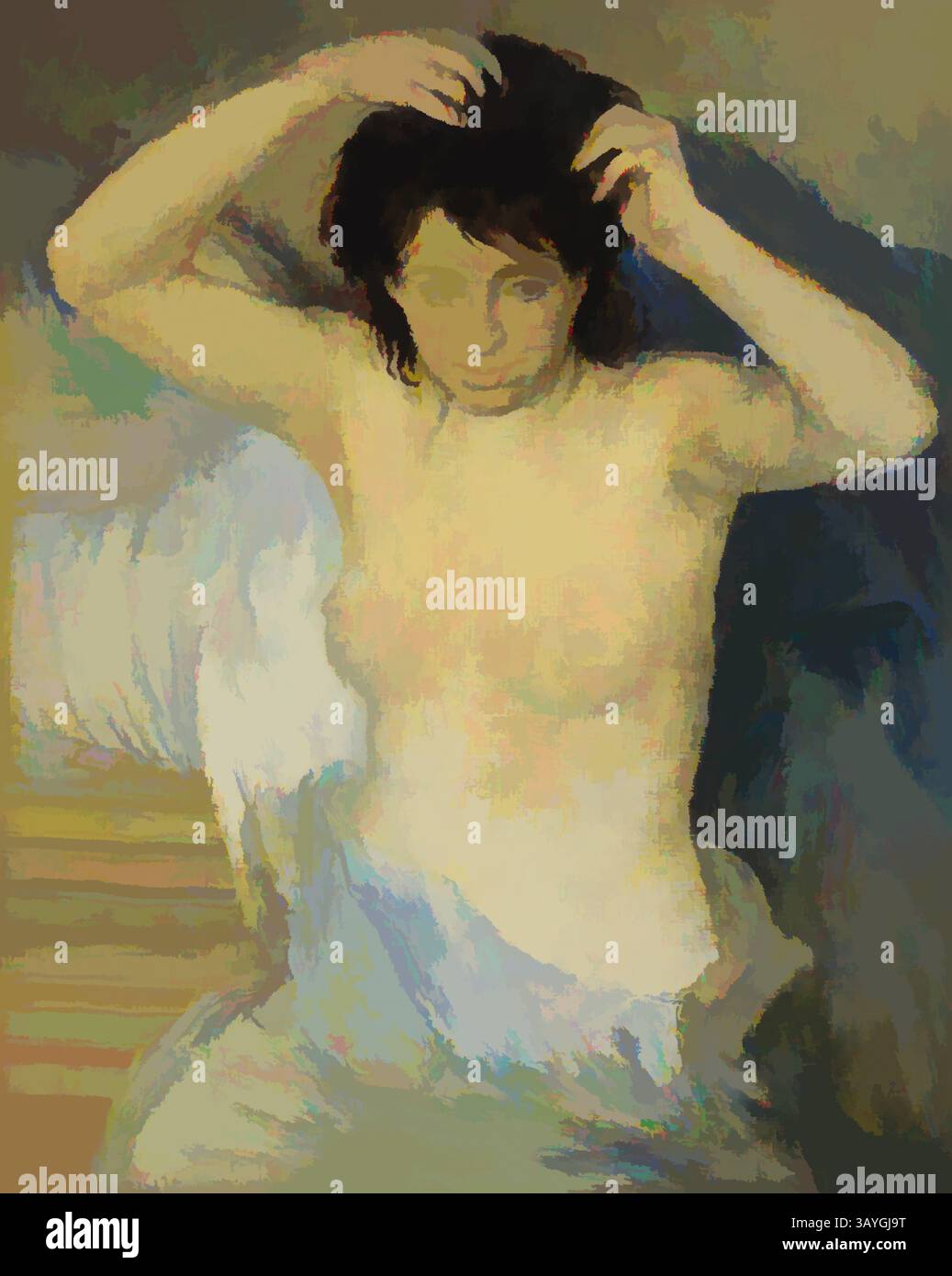 Eine Figur sitzt anmutig und ordnet ihr Haar sanft neu, mit weichen, fließenden Linien und einer beruhigenden Farbpalette, die ein Gefühl von Introspektion und Gelassenheit schafft. Der abstrakte Stil betont die Form über das Detail und lädt den Betrachter ein, die Stimmung und Emotionen zu reflektieren. Pierre-Auguste Renoir: Before the Bath (Avant le Bain), Pierre-Auguste Renoir, um 1875, Öl auf Leinwand, als Renoir dieses Gemälde erstmals auf einer Auktion in Paris 1875 öffentlich ausstellte, war das Publikum von seinem Naturalismus schockiert. Anstatt eine verträumte griechische Göttin darzustellen, wie es die Tradition der europäischen Malerei war, Renoir Stockfoto