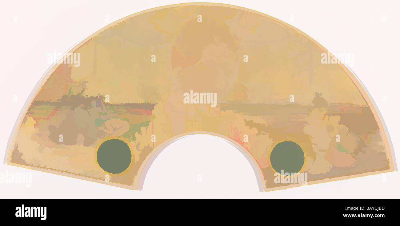 Ein dekorativer Ventilator mit sanfter, ätherischer Landschaft mit subtilen Landschaften und Figuren, ergänzt durch runde grüne Akzente an der Basis. Charles Conder: Fantasy - Meer und Figuren, Charles Conder, um 1893, Aquarell, Gouache, und goldfarbene Metallic-Farbe auf Stoff (Seide?) Auf Pappe montiert, insgesamt: 1/2 x 8 Zoll (41,9 x 20,3 cm) Klassische Kunst mit modernem Touch, neu interpretiert von Artotop Stockfoto