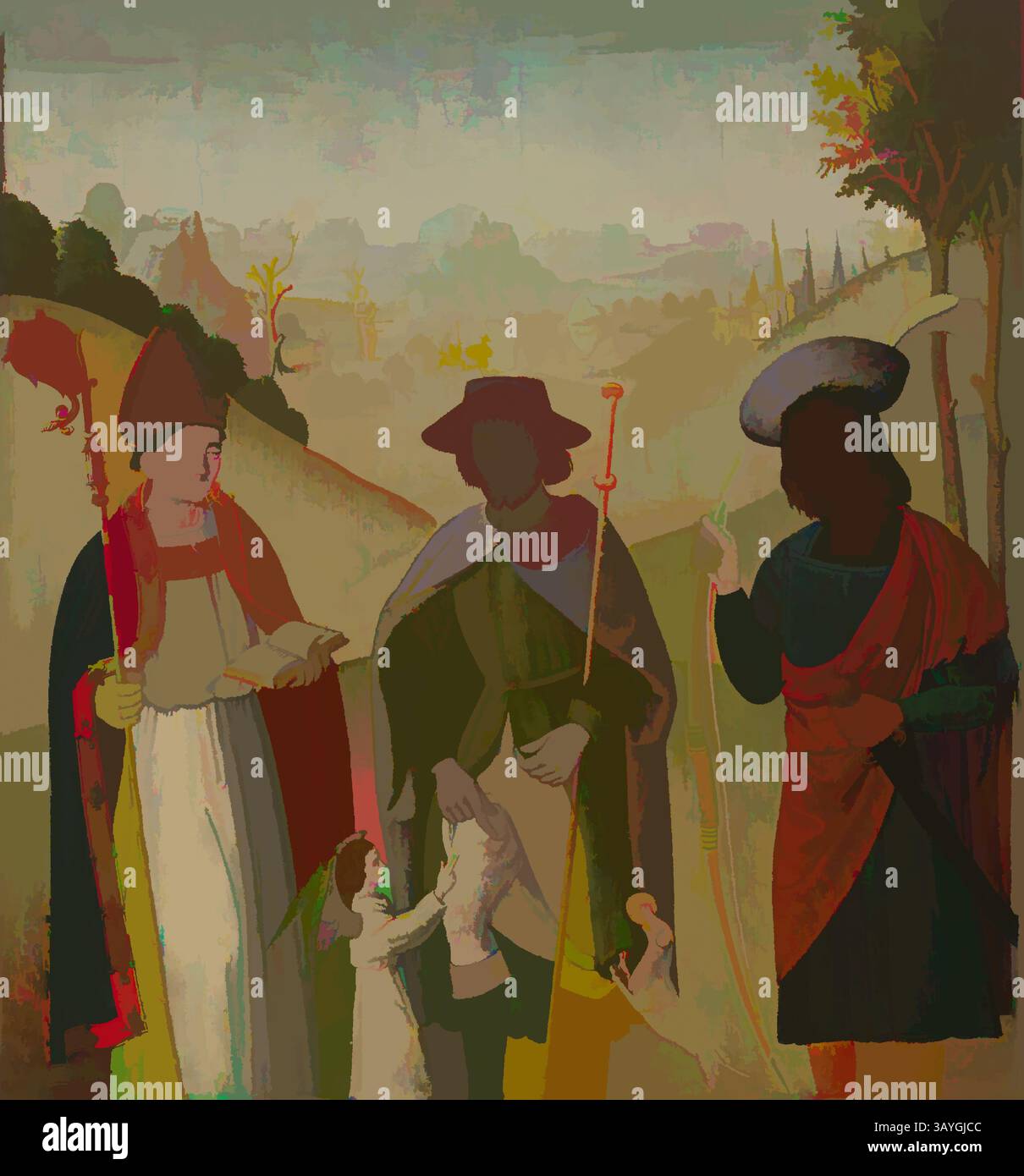 Eine Gruppe von drei Figuren steht in einer ruhigen Landschaft, jede in historischer Kleidung. Die zentrale Figur hält einen Stab, flankiert von zwei weiteren, von denen eine mit einer kleineren Figur an ihrer Seite interagiert. Üppige Hügel und ein entfernter Horizont bilden eine ruhige Kulisse, die auf eine Geschichte in einer pastoralen Umgebung hindeutet. Französisch: Bischof Saint roch und St. Sebastian, unbekannter Künstler, Französisch, c. 1460–1480, Öl auf Blech, insgesamt 30 1/2 x 28 7/8 Zoll (77,5 x 73,3 cm) Klassische Kunst mit modernem Touch, neu interpretiert von Artotop Stockfoto