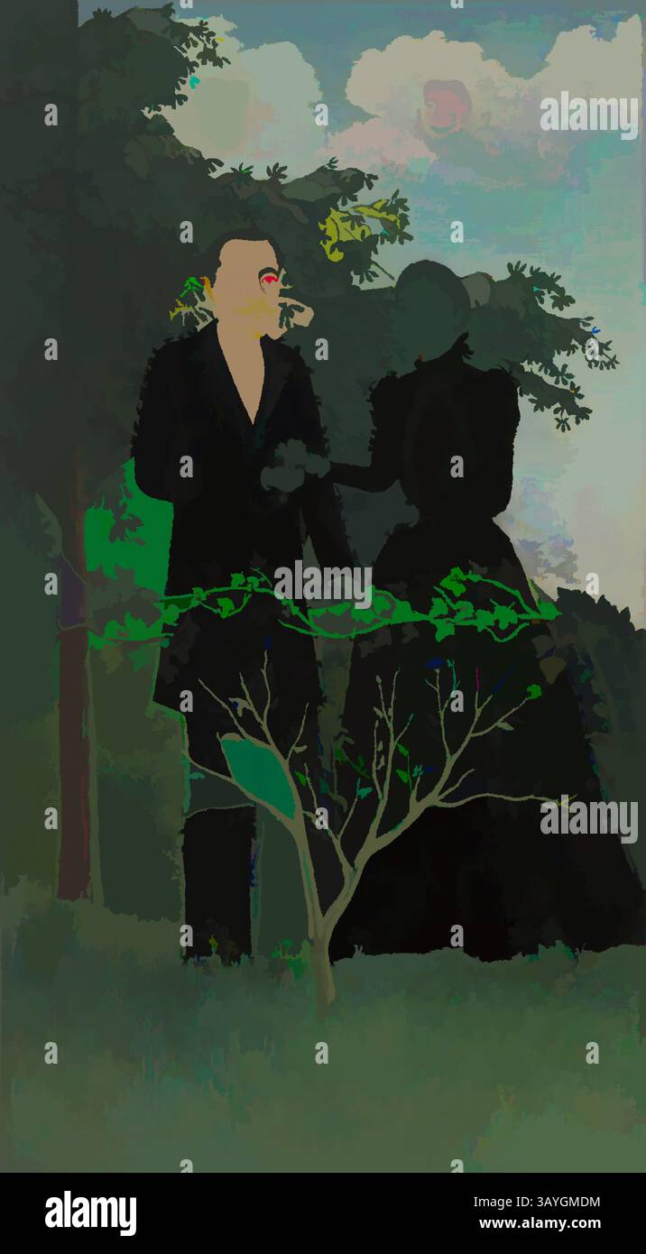 Eine geheimnisvolle Figur in dunkler Kleidung interagiert mit einer anderen Figur, die teilweise von Schatten verdeckt ist, umgeben von üppigem Grün und Andeutungen eines bedeckten Himmels. Die Atmosphäre weckt ein Gefühl von Intrigen und Drama. Henri Rousseau: Die Vergangenheit und die Gegenwart oder Philosophisches Denken (Le passé et le présent, ou pensée philosophique), Henri Rousseau, 1899, Öl auf Leinwand, die stehenden Figuren sind der Künstler und seine Frau an ihrem Hochzeitstag, und die kleinen Köpfe, die darüber schweben, sind als liebevolle Hommage an ihre verstorbenen Ehepartner gedacht. Henri Rousseau malte viele Porträts und stellte oft seine Motive auf Stockfoto