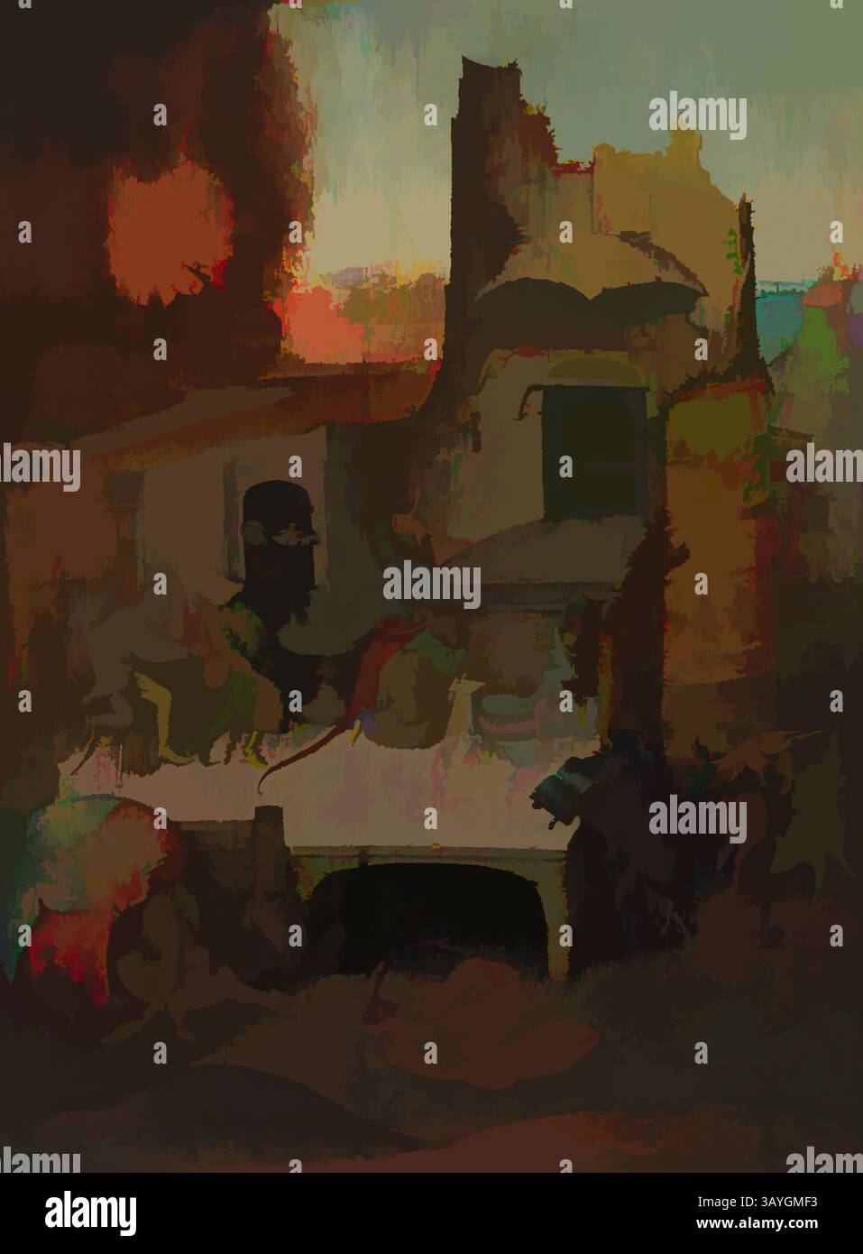 Eine geheimnisvolle Szene mit fragmentierten Formen und gedämpften Farben zeigt Figuren und eine Struktur in einem ätherischen Hintergrund. Die Atmosphäre ist mit einem Gefühl von Tiefe und Intrige aufgeladen und lädt dazu ein, die verborgenen Narrative innerhalb der Komposition zu erkunden. Hieronymus Bosch: Die Versuchung des Heiligen Antonius, Hieronymus Bosch, Mitte des 16. Jahrhunderts, Öl auf Tafel, dies ist eine Kopie eines Gemäldes des des niederländischen Künstlers Hieronymus Bosch aus dem frühen 16. Jahrhundert, das die Versuchung des Heiligen Antonius darstellt. Bosch war bekannt für seine fantastischen Illustrationen religiöser Themen, die oft bizarr waren Stockfoto