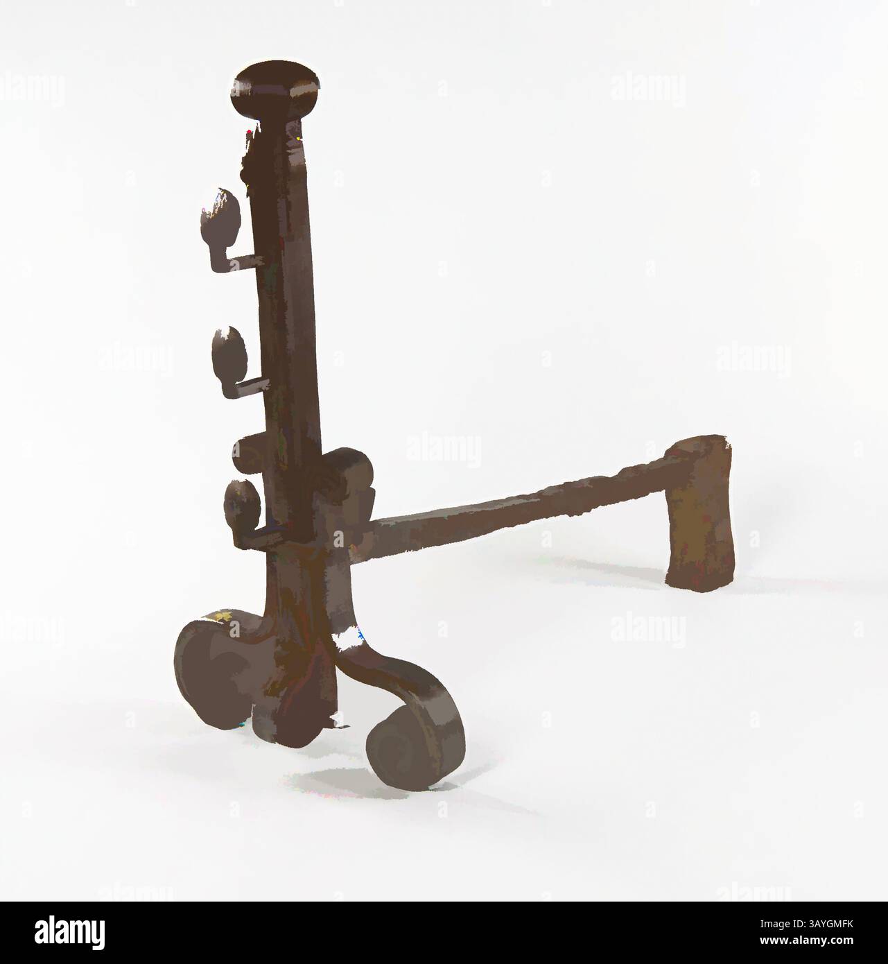 Ein kompliziertes, Vintage-Werkzeug steht aufrecht und verfügt über einen schlanken Körper mit mehreren geschwungenen Elementen und eine stabile Basis, die eine Mischung aus Nutzen und Kunstfertigkeit bietet. Französisch: Andiron, Französisch, 17.–18. Jahrhundert, Eisen, dieses große Andiron, eines von einem Paar wurde von einem nicht identifizierten französischen Hersteller im 17. bis 18. Jahrhundert hergestellt. Er liegt auf den Scrollfüßen auf, mit einer zusätzlichen dekorativen Scrollfunktion in der Mitte der Basis. Andirons wie diese unterstützen Stämme in offenen Kaminen, um die Luftzirkulation zu verbessern, was zu weniger Rauch und gleichmäßigeren Kochtemperaturen führt. Dieses ziemlich aufwendige Beispiel hat ein zusätzliches Stockfoto