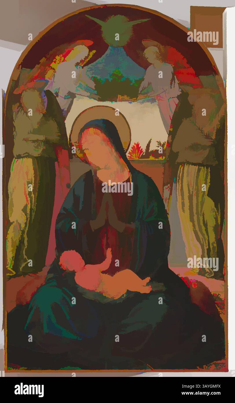 Eine heitere Darstellung der Jungfrau Maria, die das Jesuskind hält, umgeben von Engelsfiguren. Die Komposition bietet eine Mischung aus sanften Farben und sanften Ausdrücken, die ein Gefühl von Dankbarkeit und Frieden schaffen. Der Hintergrund enthält himmlische Elemente, die die göttliche Atmosphäre der Szene verstärken. Benozzo Gozzoli: Madonna und Kind mit Engeln, Benozzo Gozzoli, um 1490er Jahre, Öl, Tempera, und Gold auf Platte (auf Leinwand übertragen), insgesamt (gewölbte Oberseite): 1/2 x 1/4 cm (47 x 28,6 cm) Klassische Kunst mit modernem Touch, neu interpretiert von Artotop Stockfoto