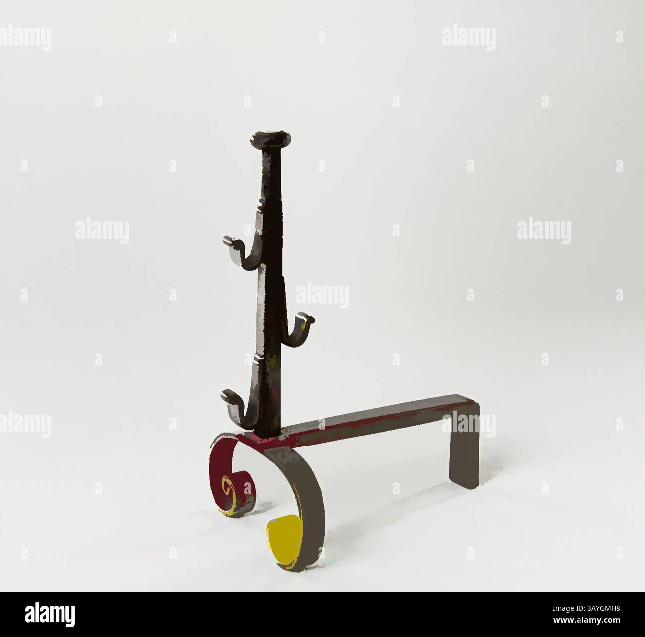 Eine kreativ gestaltete Metallskulptur mit einer hohen, spiralförmigen Struktur mit geschwungenen Elementen, die lebendige Farben und verspielte Formen enthält. Französisch: Miniatur Andiron, Französisch, Ende des 18. Jahrhunderts, Eisen, insgesamt: 6 3/16 x 3 1/8 x 4 3/4 Zoll (15,7 x 7,9 x 12,1 cm) Klassische Kunst mit modernem Touch, neu interpretiert von Artotop Stockfoto