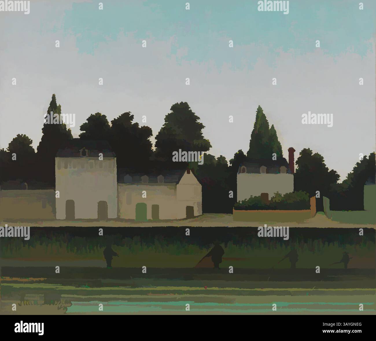 Eine ruhige Landschaft mit malerischen Gebäuden, eingebettet zwischen üppigen Bäumen, mit sanften Reflexen im Wasser, die ein Gefühl von Ruhe und Zeitlosigkeit wecken. Henri Rousseau: Landscape and Four Fisherman (Paysage et quatre Pêcheurs à la ligne), Henri Rousseau, 1909, Öl auf Leinwand, insgesamt: 18 1/4 x 21 3/4 cm. (46,4 x 55,2 cm) Klassische Kunst mit modernem Touch, neu interpretiert von Artotop Stockfoto