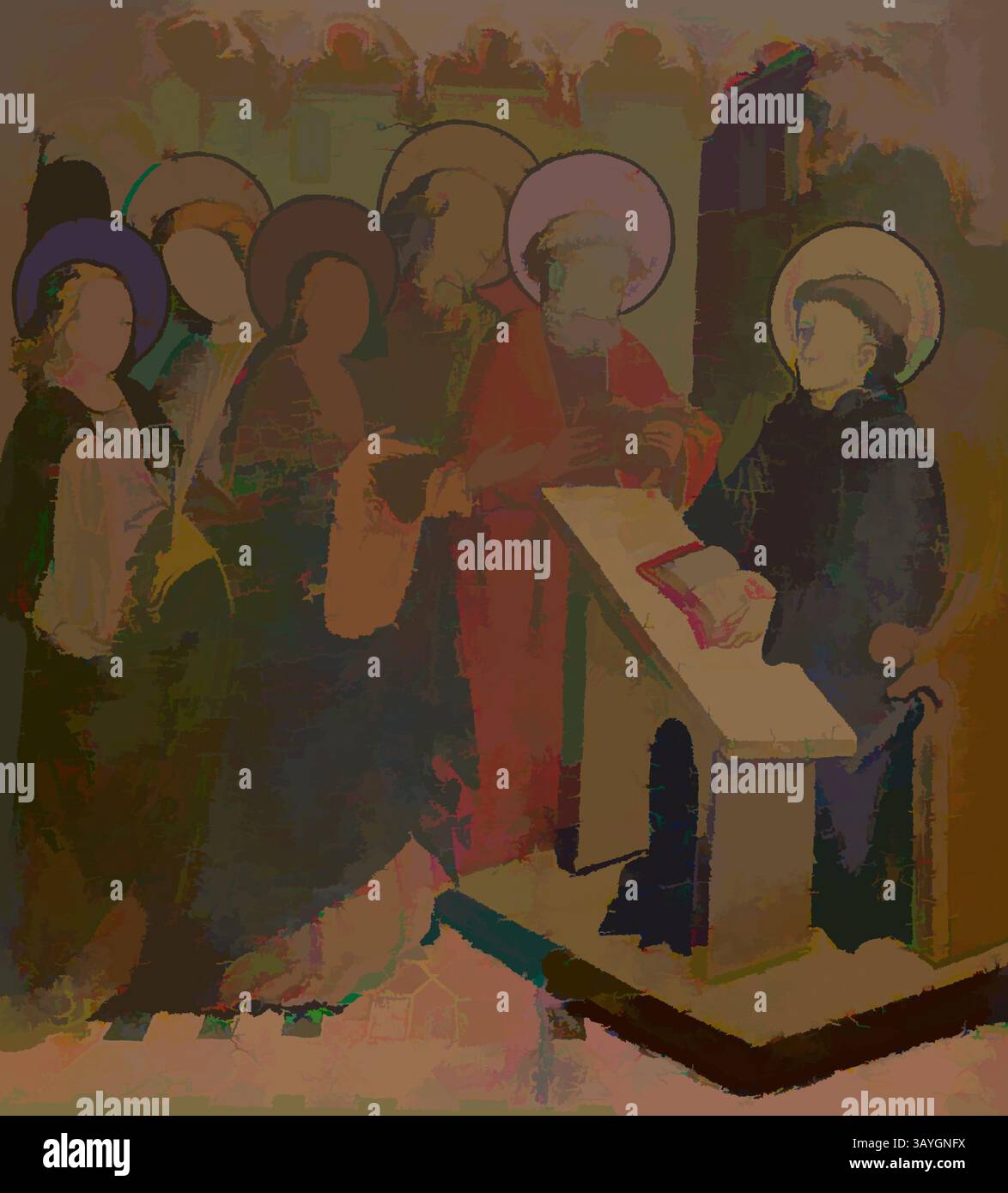 Eine Gruppe von Figuren, wahrscheinlich Heilige oder religiöse Führer, versammelten sich um ein Rednerpult. Einige Figuren scheinen in Gesprächen zu verwickelt zu sein, während eine an der Front steht und die anderen anspricht. Die Szene ist voller Halos, die einen spirituellen Kontext andeuten. Detailreiche Kleidungsstücke deuten auf historische oder traditionelle Bedeutung hin. Meister von Riglos: Die Jungfrau Maria und die Heiligen Peter, Paulus, Johannes der Evangelist und Katharina von Alexandrien erscheinen dem Heiligen Martin, Meister von Riglos, 15. Jahrhundert, Tempera und Gold auf Platte, insgesamt 22 3/8 x 20 Zoll. (56,8 x 50,8 cm) Klassische Kunst mit modernem Touch Stockfoto