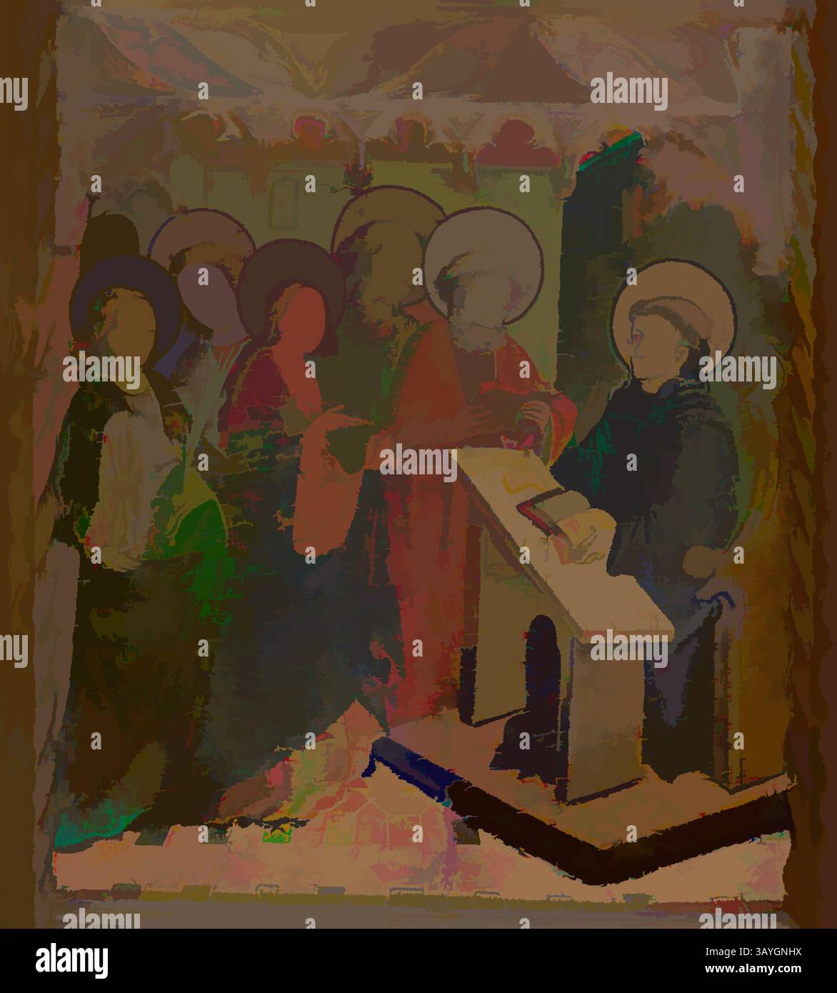 Eine Gruppe von Figuren, die in historische Kleidung gekleidet sind, steht um einen Altar oder Tisch, wobei eine Figur ein Buch präsentiert. Die einzelnen Personen sind mit Halos geschmückt, die auf ein heiliges Thema hinweisen, während der Hintergrund architektonische Elemente zeigt, die typisch für eine religiöse Umgebung sind. Die Szene vermittelt ein Gefühl von Ehrfurcht und Nachsicht. Meister von Riglos: Die Jungfrau Maria und die Heiligen Peter, Paulus, Johannes der Evangelist und Katharina von Alexandrien erscheinen dem Heiligen Martin, Meister von Riglos, 15. Jahrhundert, Tempera und Gold auf Platte, insgesamt 22 3/8 x 20 Zoll. (56,8 x 50,8 cm) Klassische Kunst mit modernem Touch Stockfoto