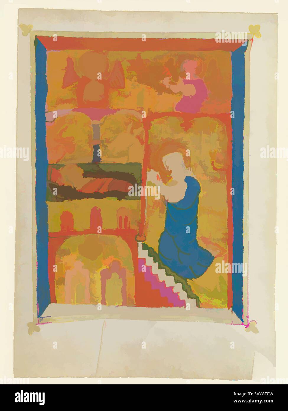 Eine abstrakte Darstellung einer religiösen Szene mit Figuren, einschließlich eines Engels, und einer ruhigen Figur in einem blauen Gewand, vor einem lebendigen Hintergrund voller warmer Farben und stilisierter architektonischer Elemente. Die Komposition schlägt einen Moment des Gebets oder der Reflexion vor, der ein Gefühl der Spiritualität weckt. Deutsch: Die Geburt, unbekannter Künstler, Deutsch, Ende des 14. Jahrhunderts, Tempera und Gold mit brauner Tuschunterzeichnung auf Pergament, insgesamt: 1/2 x 5/8 cm. (16,5 x 11,7 cm) Klassische Kunst mit modernem Touch, neu interpretiert von Artotop Stockfoto