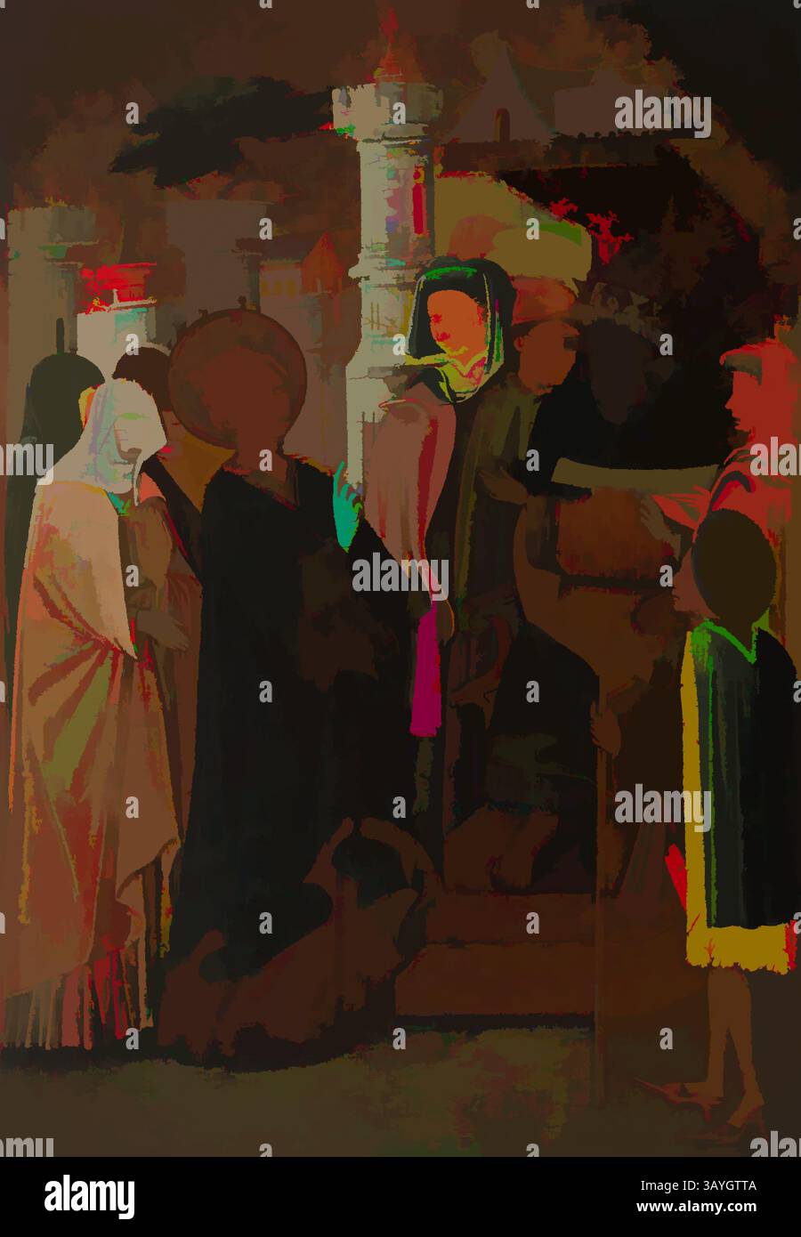 Eine Gruppe von Figuren in historischer Kleidung nimmt einen Moment der Interaktion mit einer bemerkenswerten Betonung verschiedener Ausdrucksformen und Gesten wahr. Die Szene suggeriert einen Dialog oder ein bedeutendes Ereignis vor einer abstrakten, schwach beleuchteten Kulisse, die auf eine architektonische Präsenz hinweist. Die Farben verschmelzen und kontrastieren, wodurch eine dynamische und stimmungsvolle Atmosphäre entsteht. Blasco de Grañén: Heilige Katharina von Siena vor Papst Gregor XI., Blasco de Grañén, 1422–1459, Tempera mit Blattgold auf Platte, insgesamt 34 x 1/2 cm. (86,4 x 59,7 cm) Klassische Kunst mit modernem Touch, neu interpretiert von Artotop Stockfoto