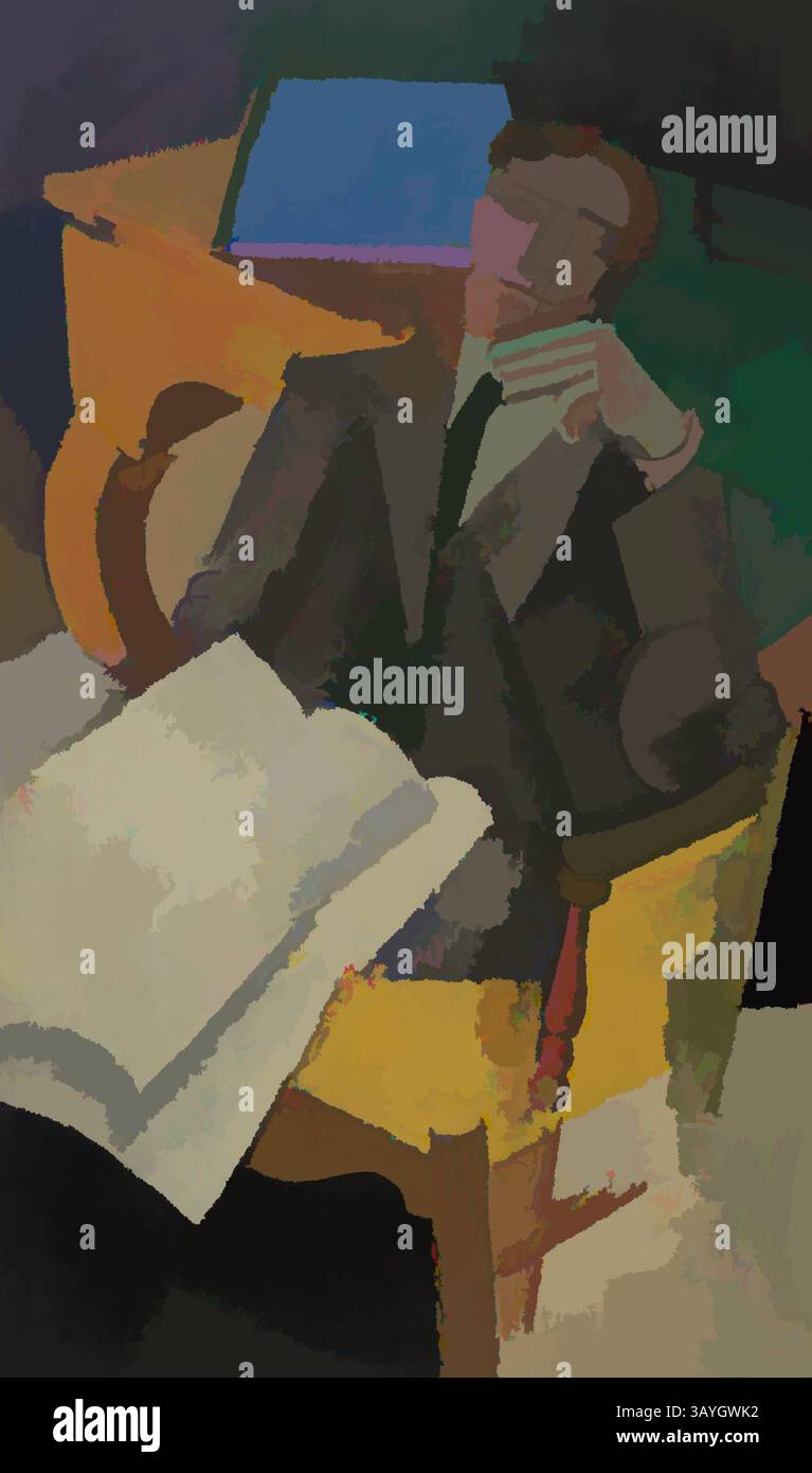 Eine sitzende Figur in formeller Kleidung ist abgebildet, die ein offenes Buch hält, während sie entspannt auf einem Stuhl sitzt. Der Hintergrund zeigt abstrakte Formen und Farben, die der Szene ein Gefühl von Tiefe und Intrige verleihen. Roger de La Fresnaye: Married Life (La Vie conjugale), Roger de La Fresnaye, 1913, Öl auf Leinwand, der französische Maler Roger de La Fresnaye absorbierte das kubistische Vokabular, das von Pablo Picasso und Georges Braque entwickelt wurde. Er war Mitglied der Sektion d’Or, der Künstlergruppe, die 1911 erstmals den Kubismus in die Öffentlichkeit brachte, indem sie ihre Werke im Salon ausstellte. Im Kubismus von de la Stockfoto