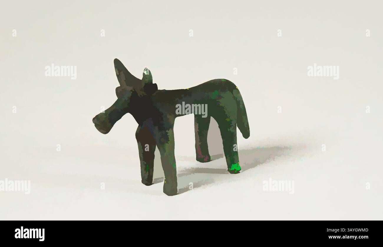 Eine kleine, abstrakte Figur, die einem Hund ähnelt, steht in aufrechter Haltung, deren geometrische Form durch einfache Linien und spitze Ohren definiert ist, was ein Gefühl von Witz und Kreativität weckt. Griechisch: Gehörnte Huftiere, Griechisch, 8. Jahrhundert v. Chr., Kupfer, insgesamt: 2 7/8 x 1 1/16 x 3 1/2 Zoll (7,3 x 2,7 x 8,9 cm) Klassische Kunst mit modernem Touch, neu interpretiert von Artotop Stockfoto