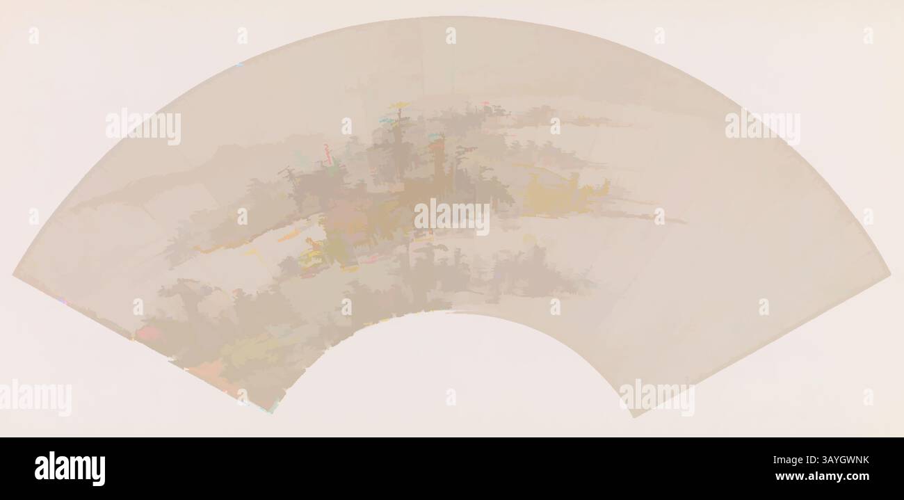 Eine große, abstrakte, geschwungene Form mit weichen, gemischten Farben und dezenten Texturen, die an eine ruhige Landschaft oder einen sanften Horizont erinnern. Die Komposition weckt ein Gefühl von Ruhe und Fließfähigkeit. Wang Yuanqi: Fan - Wooded Islands, Wang Yuanqi, 1691, Tinte auf Papier Klassische Kunst mit einem modernen Twist, neu interpretiert von Artotop Stockfoto