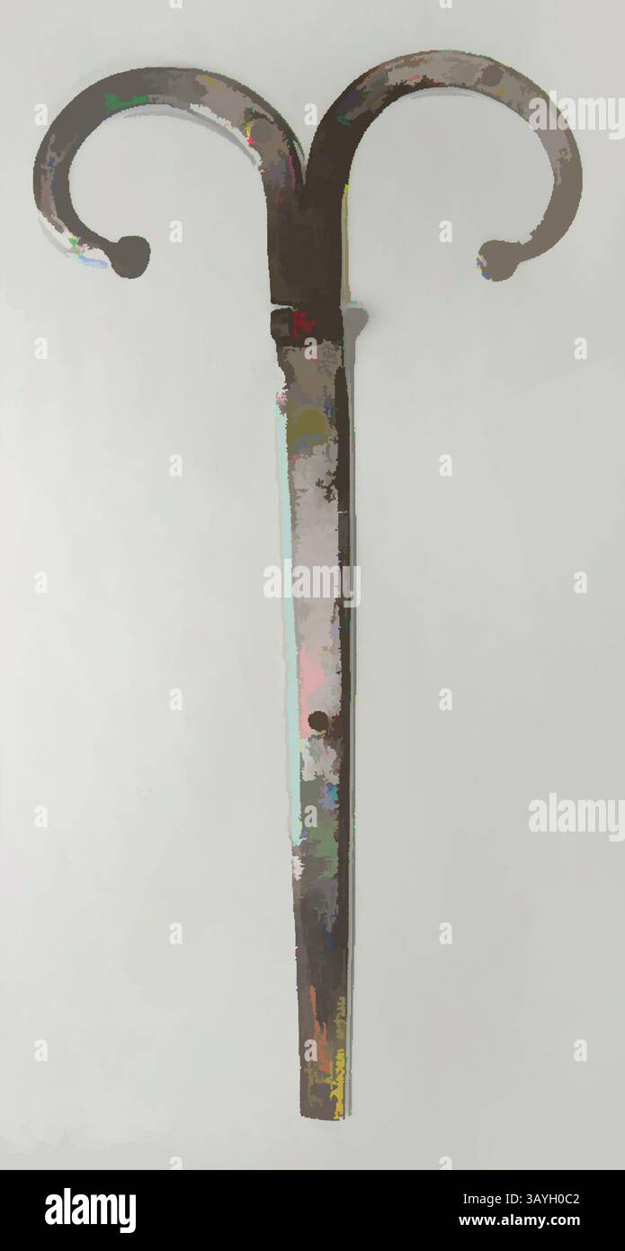 Ein Vintage-Wanderstock mit einem stilisierten Griff mit Lockenenden, der komplizierte Designdetails zeigt, die ein Gefühl von Handwerkskunst und Geschichte wecken. Wahrscheinlich amerikanisch: Scharnier, wahrscheinlich amerikanisch, Ende 18.–Anfang des 19. Jahrhunderts, Eisen, insgesamt: 29 1/2 x 15 3/8 x 1 Zoll. (74,9 x 39,1 x 2,5 cm) Klassische Kunst mit modernem Touch, neu interpretiert von Artotop Stockfoto