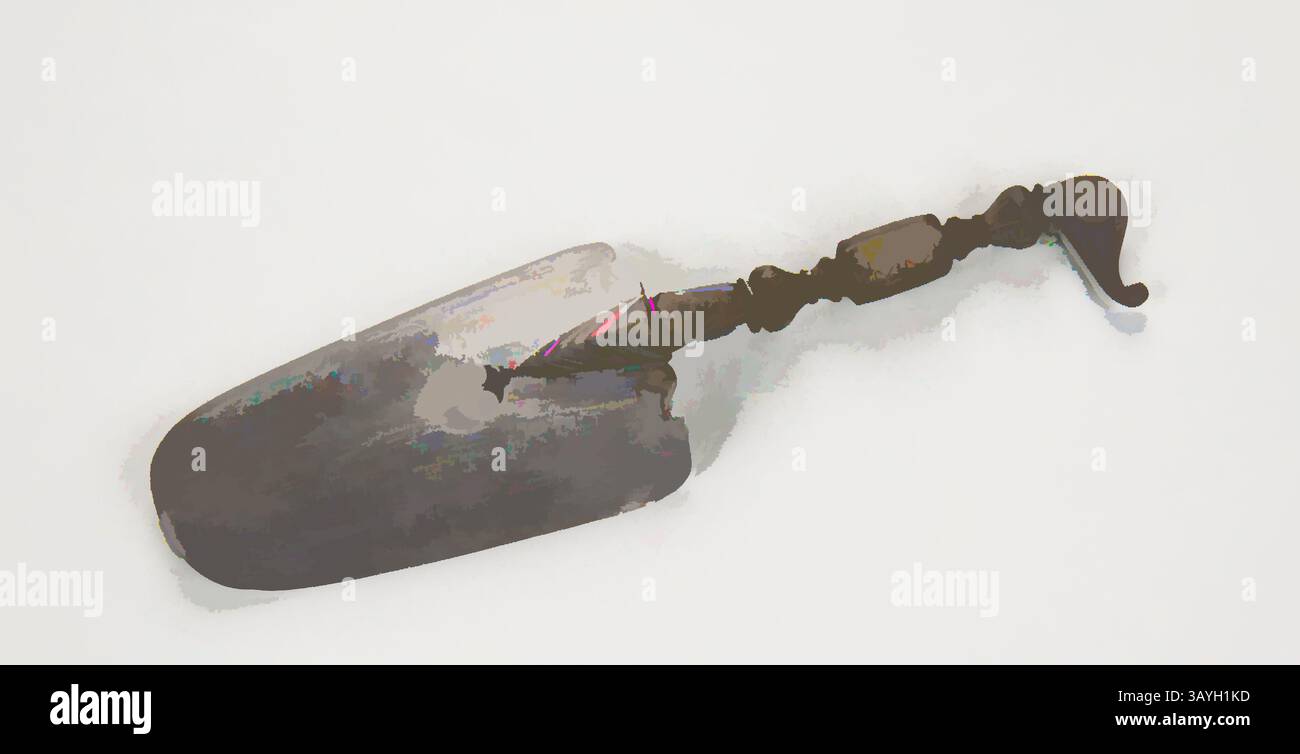 Eine Vintage-Handkelle mit einem kunstvollen Griff, die eine gebogene Klinge zeigt, die ideal für Gartenarbeiten ist. Die komplizierten Details am Griff verleihen diesem praktischen Werkzeug einen Hauch von Eleganz. Nahöstliches Türkisch oder Nordafrika: Teigschaber, nahöstliches Türkisch oder Nordafrika, 18. Jahrhundert, Eisen, insgesamt: 7 7/8 x 2 1/4 x 7/8 Zoll (20 x 5,7 x 2,2 cm) Klassische Kunst mit modernem Touch, neu interpretiert von Artotop Stockfoto