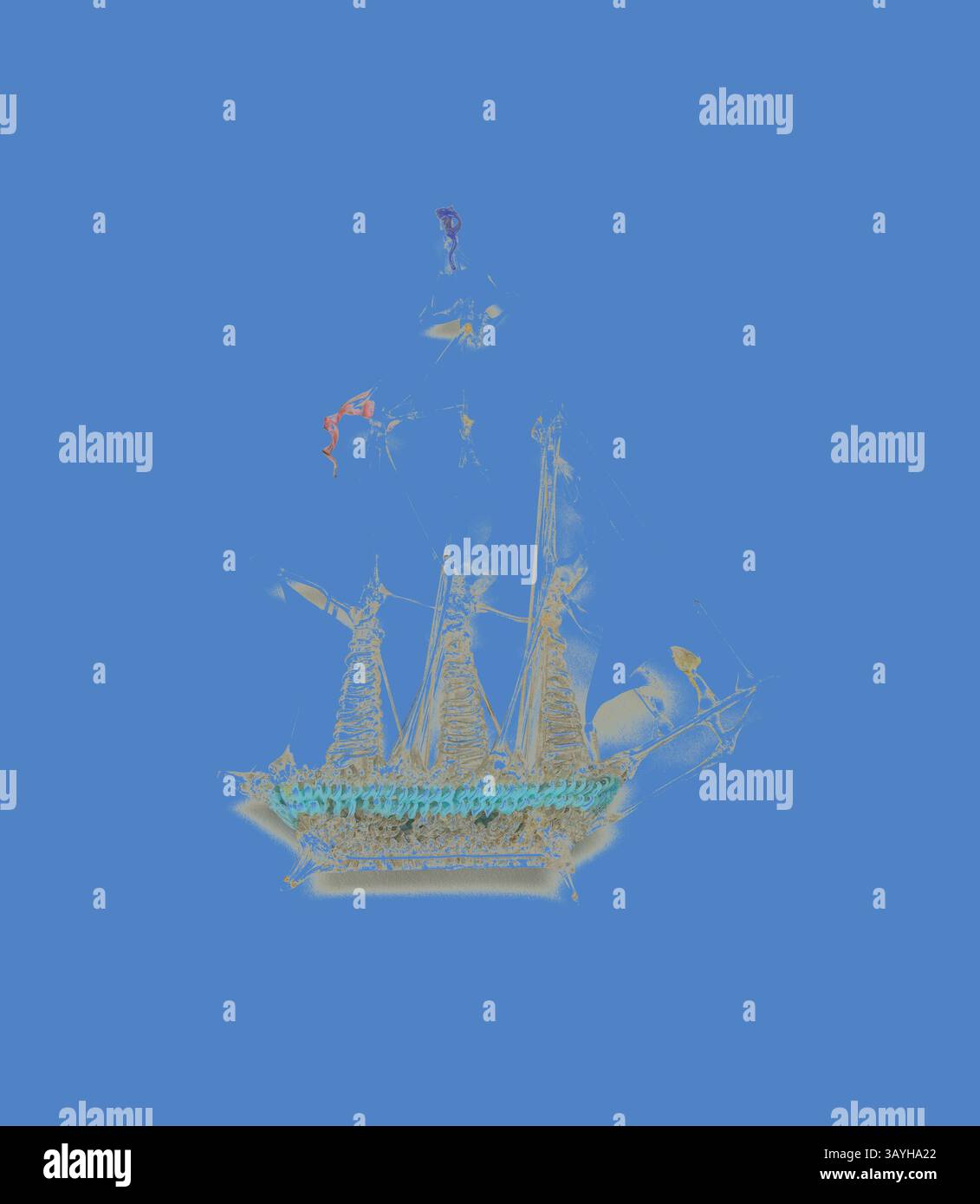 Ein Segelboot mit drei Masten erscheint deutlich vor einem leuchtend blauen Hintergrund und zeigt komplizierte Details seiner Struktur und der Segel. Die Szene umfasst einen Farbtupfer mit einer Figur, die in der Nähe des Schiffes taucht, was der ruhigen nautischen Umgebung ein Gefühl von Abenteuer verleiht. Segelboot, 18. Jahrhundert, Nevers, Frankreich, Glas, lampwork (Verre de Nevers), Metallanker, H 7 cm (3/4 Zoll) Klassische Kunst mit modernem Touch, neu interpretiert von Artotop Stockfoto