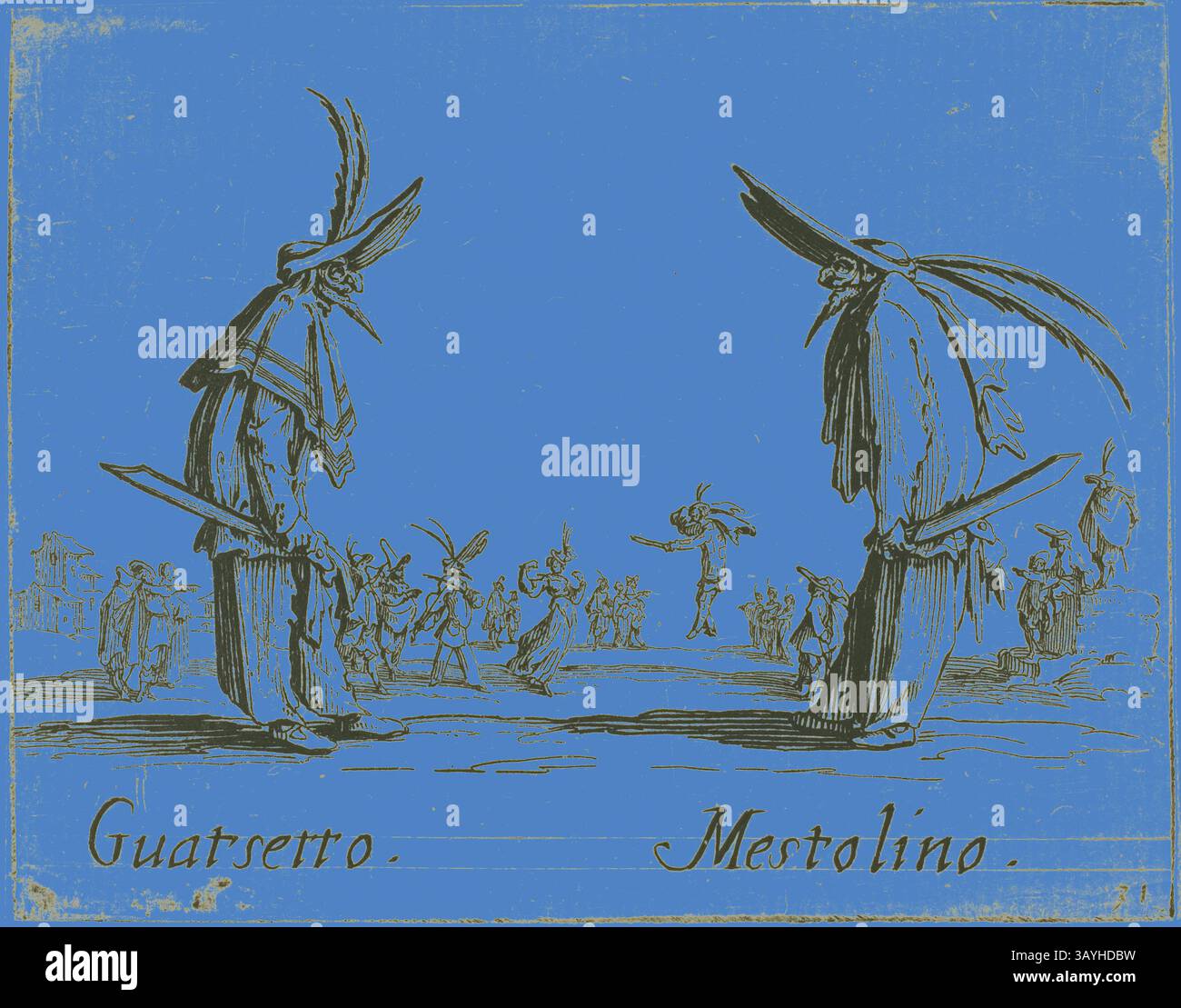 Zwei hohe Figuren in aufwendigen Kostümen stehen einander gegenüber, ihre Hüte mit Federn verziert. Sie halten lange, geschwungene Schwerter, während sich im Hintergrund eine lebhafte Szene entfaltet, in der sich zusätzliche Tänzer und Teilnehmer an einer scheinbar traditionellen Feier beteiligen. Die Atmosphäre lässt ein lebendiges kulturelles Ereignis vermuten. Scaramucia, Fricasso, aus Balli di Sfessania, ca. 1622, Jacques Callot, Französisch, 1592-1635, Frankreich, Ätzen und Gravur auf Papier, 70 x 92 mm Klassische Kunst mit modernem Twist von Artotop neu interpretiert Stockfoto