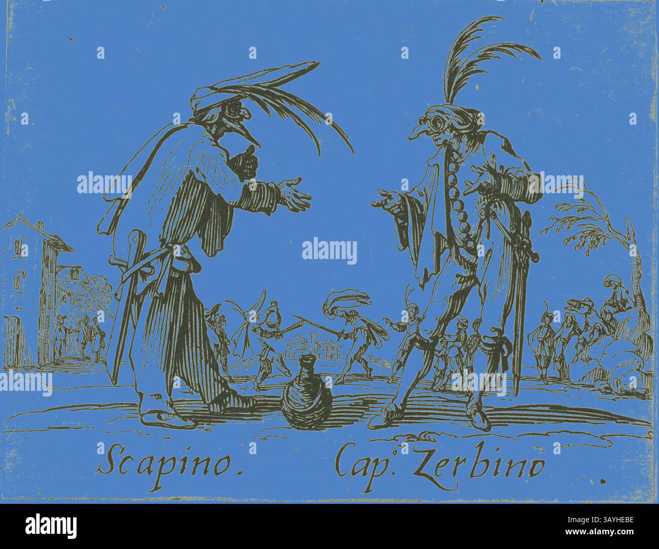Zwei Figuren, Scapino und Cap. Zerbin, treten in eine lebhafte Interaktion ein, jede in aufwendigen Kostümen mit hohen Hüten und Federn. Die Szene fängt einen Moment des theatralischen Ausdrucks ein, mit anderen Charakteren und Tänzern im Hintergrund, was zu einer festlichen Atmosphäre beiträgt. Bello Sguardo, Couiello, aus Balli di Sfessania, ca. 1622, Jacques Callot, Französisch, 1592-1635, Frankreich, Ätzen und Gravur auf Papier, 70 x 92 mm Klassische Kunst mit modernem Twist von Artotop neu interpretiert Stockfoto