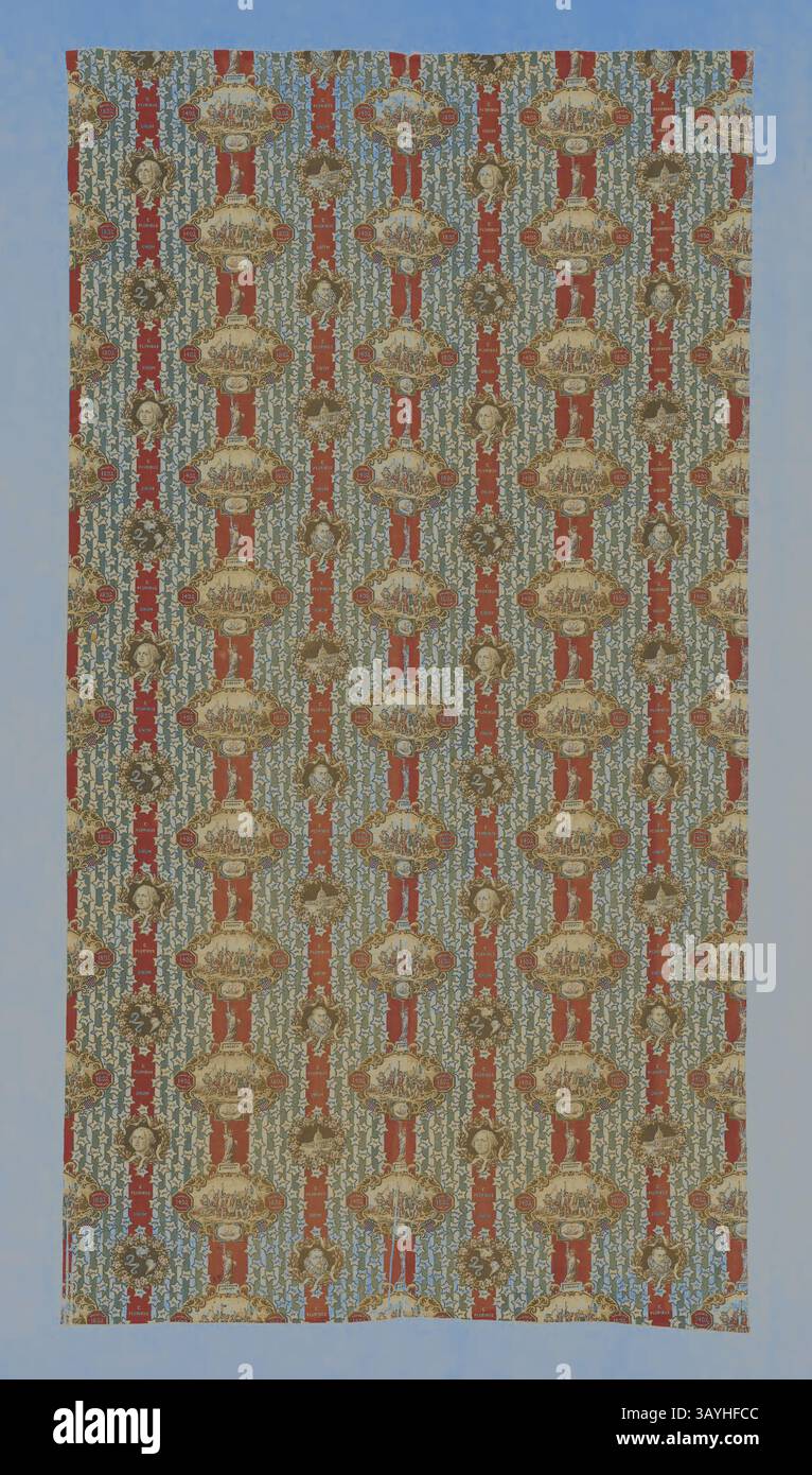 Ein lebendiges Textil mit einem wiederholten Muster aus verzierten Blumenmotiven und dekorativen Elementen in kräftigen Farben vor einem kontrastierenden Hintergrund. Das Design zeigt komplizierte Details, die ein Gefühl von Eleganz und Kunstfertigkeit hervorrufen. Panel (Möbelstoff), 1892/93, USA, Baumwolle, Leinwandbindung, Rollenbedruckt, zwei Webstühle, aufgesteckt, 236 x 127,9 cm (92 7/8 x 50 3/8 Zoll) Klassische Kunst mit modernem Touch, neu interpretiert von Artotop Stockfoto