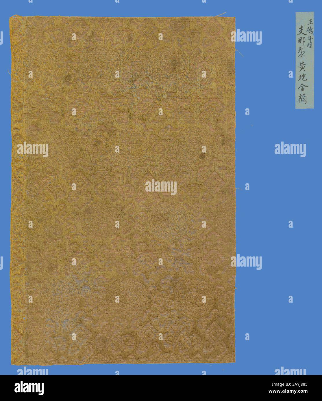 Ein reich strukturiertes Textil mit komplizierten Mustern in Gold, das von einem blauen Etikett mit chinesischen Schriftzeichen akzentuiert wird. Das Design zeigt traditionelle Motive, die die handwerkliche und kulturelle Bedeutung des Stoffes hervorheben. Fragment, 18. Jahrhundert, China, 28 x 18,4 cm (11 x 7 1/4 Zoll) (pro alte Karte) Klassische Kunst mit modernem Touch, neu interpretiert von Artotop Stockfoto