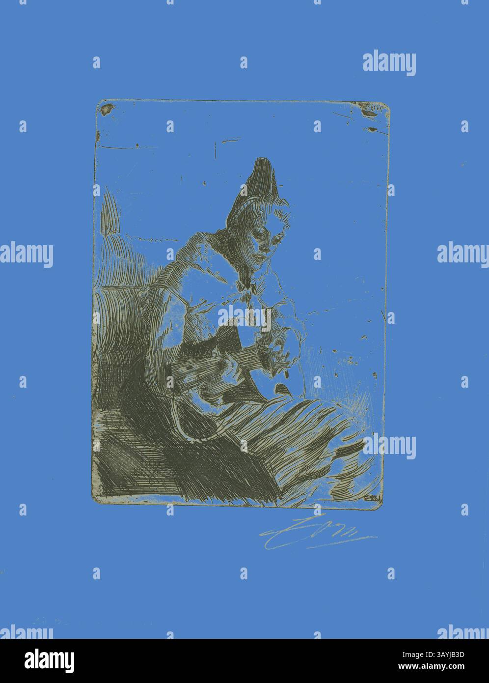 Eine sitzende Figur, die in traditioneller Kleidung gekleidet ist, wirkt während einer Aufgabe besinnlich, umgeben von strukturierten Mustern, die ein Gefühl von Tiefe und Geschichte hervorrufen. Der Hintergrund zeigt ein leuchtendes Blau, das einen scharfen Kontrast zu den gedämpften Farben der Figur bildet und die emotionale Resonanz der Szene verstärkt. Alte Ballade II, 1898, anders Zorn, Schwedisch, 1860-1920, Schweden, Ätzen auf elfenbeinfarbenem Webpapier, 178 x 129 mm (Bild/Platte), 278 x 218 mm (Blatt) Klassische Kunst mit modernem Twist, neu interpretiert von Artotop Stockfoto