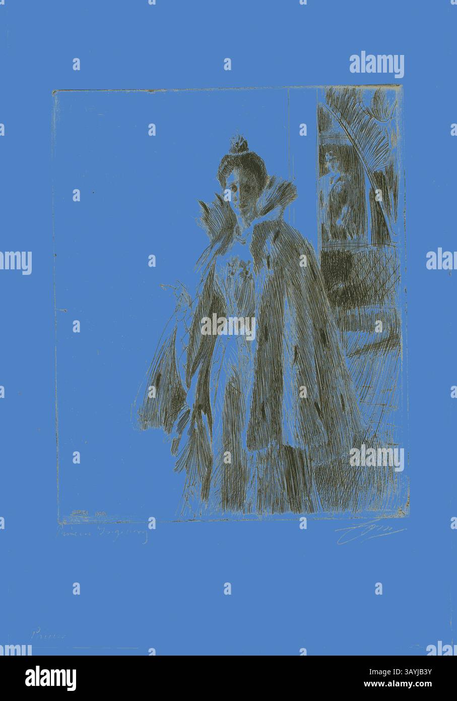 Eine majestätische Figur in kunstvoller Kleidung steht selbstbewusst und verkörpert Eleganz und Anmut, während eine auffällige Kulisse die Gesamtkomposition unterstreicht. Die komplizierten Details der Kleidung und der ausdrucksstarke Ausdruck vermitteln ein Gefühl von Adel und Präsenz. H. R. H. Prinzessin Ingeborg von Schweden I, 1900, anders Zorn, Schwedisch, 1860-1920, Schweden, Ätzen auf elfenbeinfarbenem Büttenpapier, 301 x 244 mm (Bild/Platte), 445 x 308 mm (Blatt) Klassische Kunst mit modernem Twist, neu interpretiert von Artotop Stockfoto