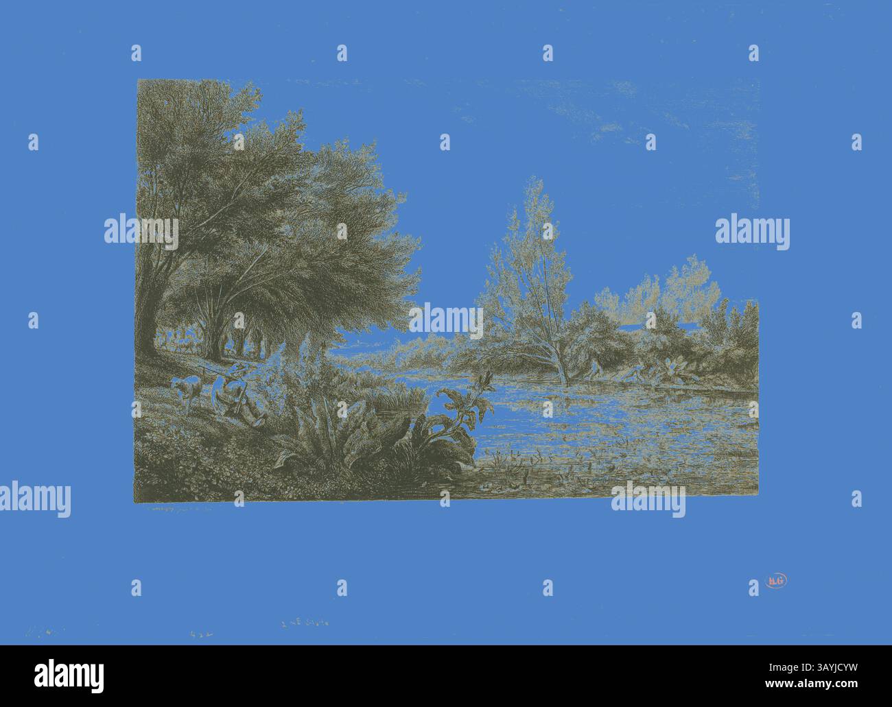 Eine ruhige Landschaft mit üppigen Bäumen und einem ruhigen Gewässer schafft eine friedliche Szene, die zur Betrachtung und zur Wertschätzung der Natur einlädt. Nahe Choisy-le-ROI, 1843, Charles Francois Daubigny, Französisch, 1817-1878, Frankreich, Ätzen auf elfenbeinfarbenem Webpapier, 165 x 247 mm (Bild), 220 x 278 mm (Platte), 249 x 344 mm (Blatt) Klassische Kunst mit modernem Twist, neu interpretiert von Artotop Stockfoto