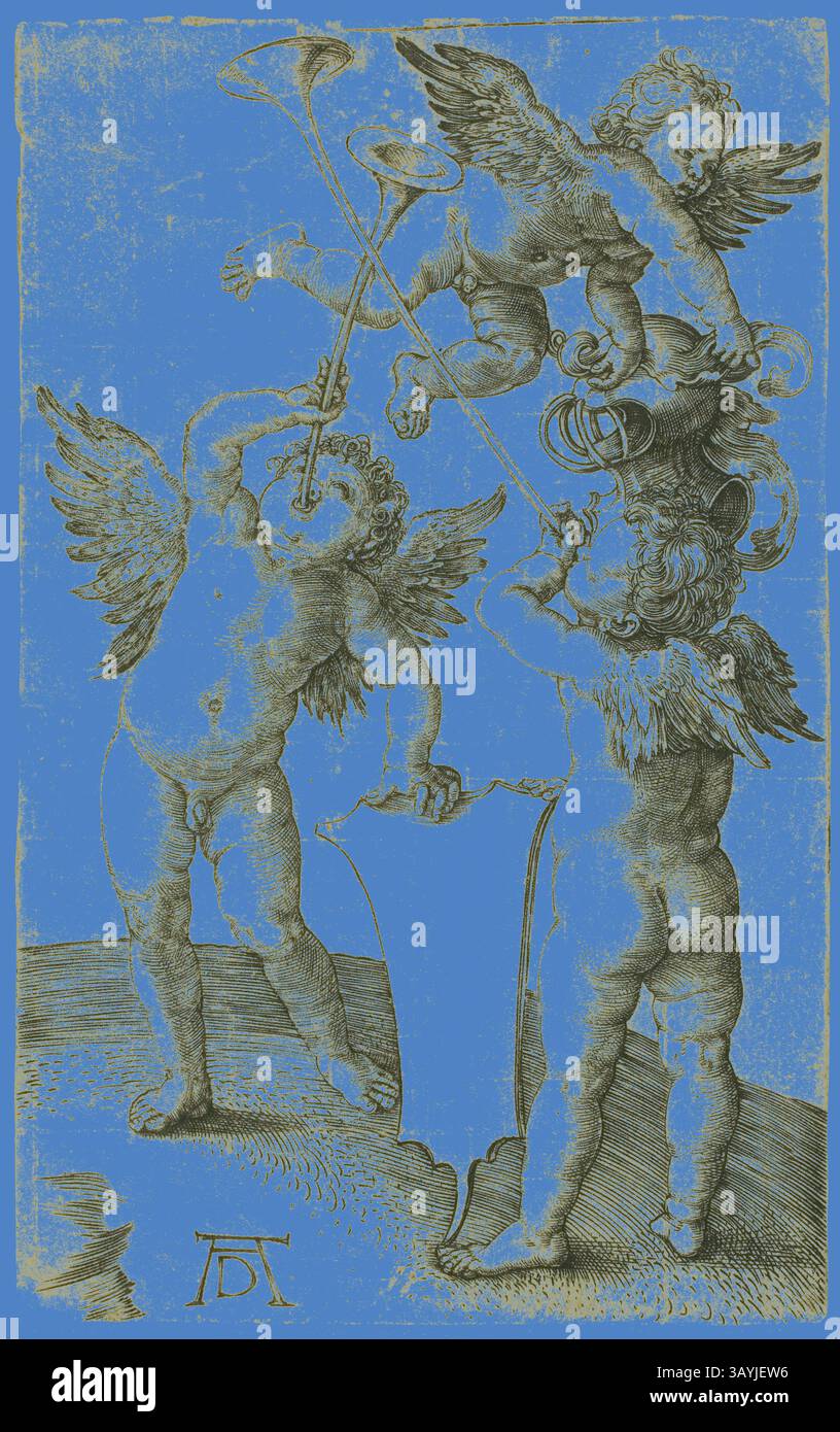 Drei Cherubische Figuren sind in verspielten Posen dargestellt, von denen eine Trompete bläst, während eine andere einen Schild hält. Ihre Flügel, die sanft ausgestreckt sind, vermitteln ein Gefühl von Bewegung, während sie fröhlich vor einem leuchtend blauen Hintergrund interagieren. Die komplizierten Details ihrer Formen und Ausdrücke rufen ein Gefühl von Unschuld und Unfug hervor. Drei Putti mit Schild und Helm, um 1505, Albrecht Dürer, Deutsch, 1471-1528, Deutschland, Gravur in Schwarz auf cremefarbenem Büttenpapier, 115 x 72 mm (Bild/Blatt) Klassische Kunst mit modernem Twist, neu interpretiert von Artotop Stockfoto