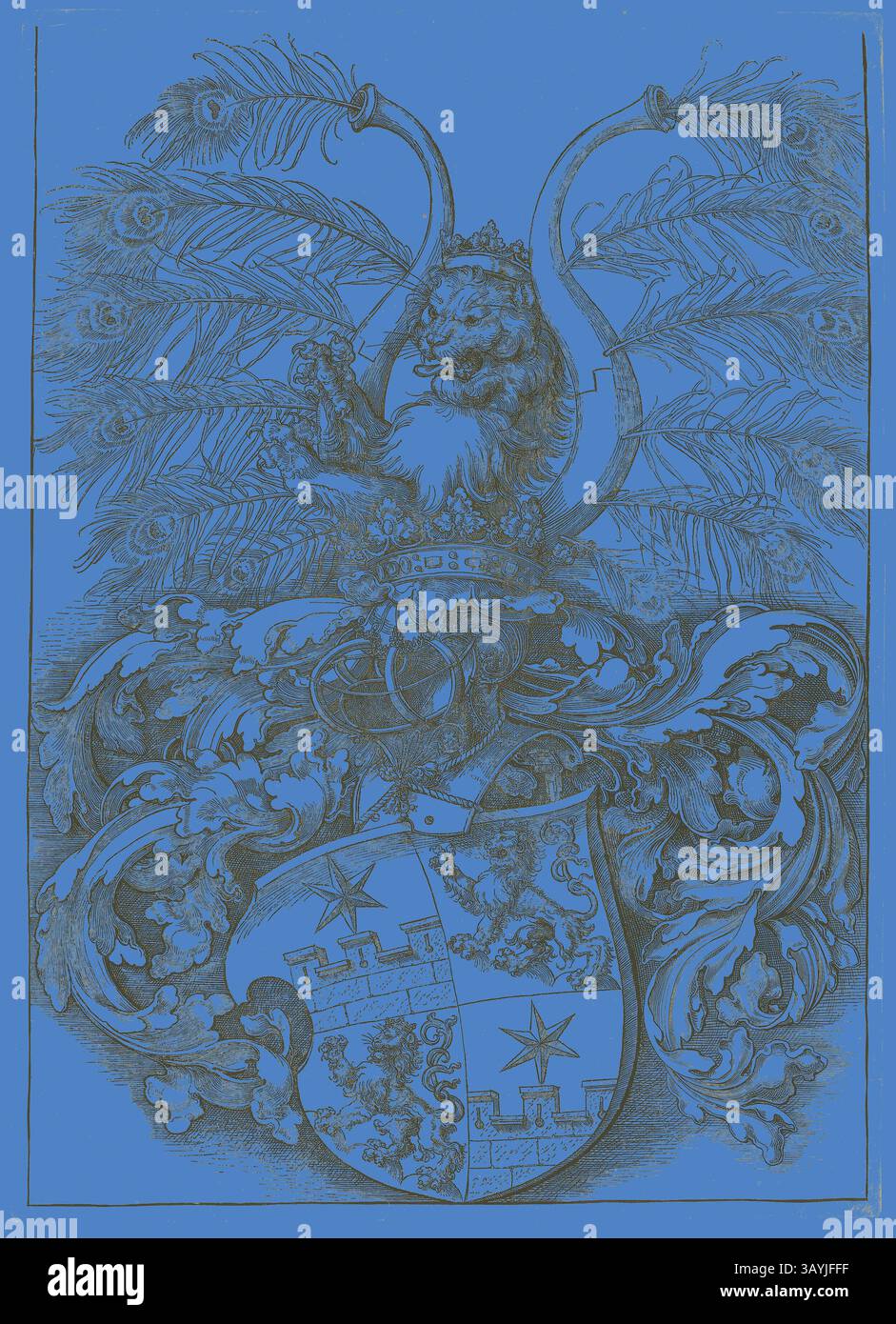 Ein königliches Wappen mit einem Löwen, der von komplizierten Pfauenfedern gekrönt und flankiert wird, begleitet von raffinierten dekorativen Elementen und einem Schild mit Sternen und einem Burgmotiv. Wappen von Wilhelm und Wolfgang Rogendorf, 1864 (Kopie), 1520 (Original), nach Albrecht Dürer, deutsch, 1471-1528, Ralf Leopold von Retberg-Wettbergen, Deutsch, 1812-1885, Deutschland, Lithographie in Schwarz auf Elfenbein-Webpapier, 628 x 448 mm (Bild), 648 x 464 mm (Blatt) Klassische Kunst mit modernem Twist neu interpretiert von Artotop Stockfoto