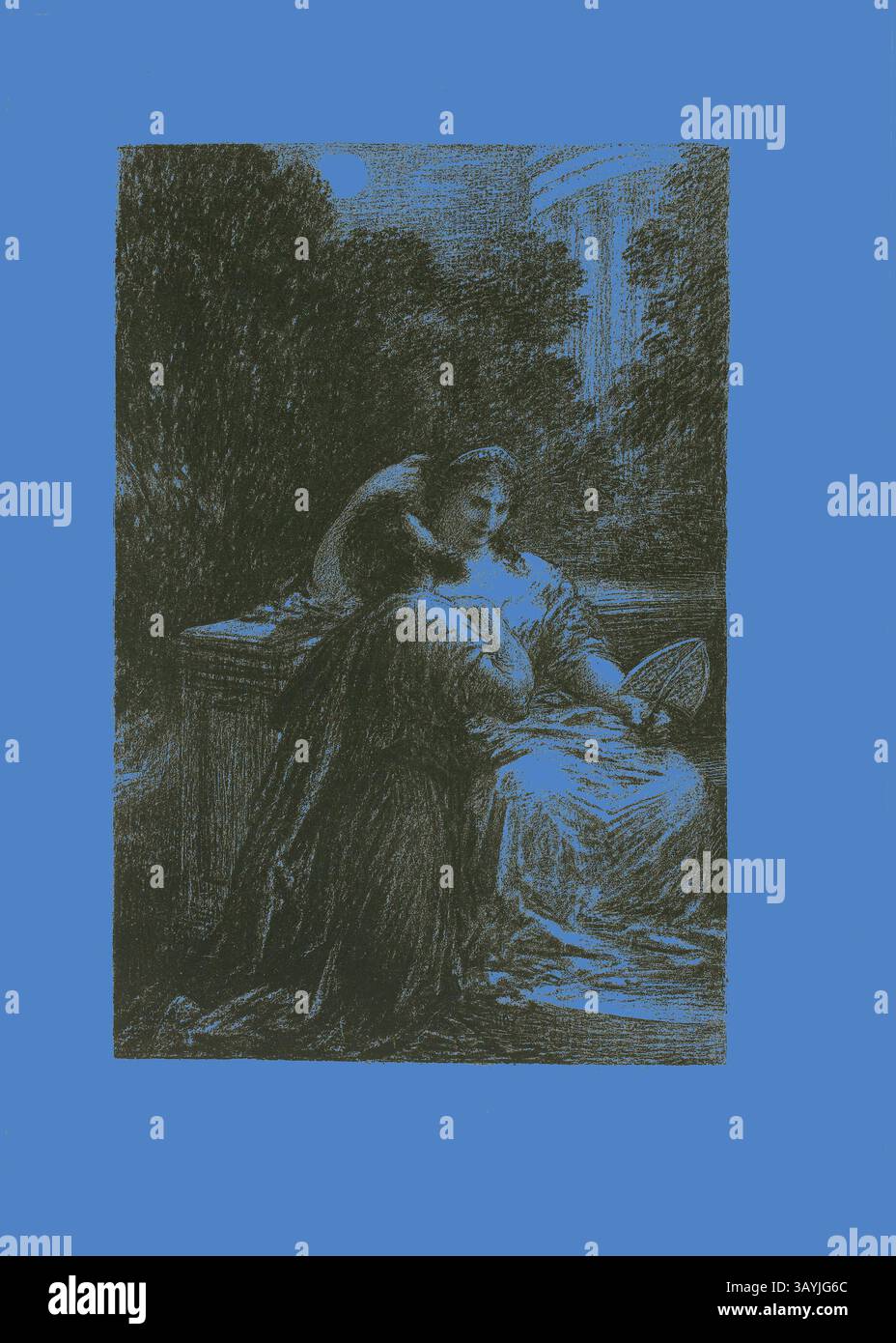 Zwei Frauen sitzen in einem Garten, wobei eine Frau leicht weg zeigt, während die andere auf ihren Gefährten blickt. Die Szene vermittelt ein Gefühl von Intimität und Reflexion, umgeben von üppigem Grün und sanftem Licht, das die Stimmung verbessert. Die auffällige Verwendung eines Ventilators durch eine der Frauen verleiht ihrer Interaktion eine elegante Note. Die Trojaner in Karthago: Akt III, Liebesduett, 1888, Henri Fantin-Latour, Französisch, 1836-1904, Frankreich, Lithografie in Schwarz mit Schaben auf Stein, auf grauelfenbeinfarbenem Porzellanpapier, gelegt auf elfenbeinfarbenem Webpapier, 229 x 153 mm (Bild), 230 x 156 mm (Hauptstütze), 308 Stockfoto