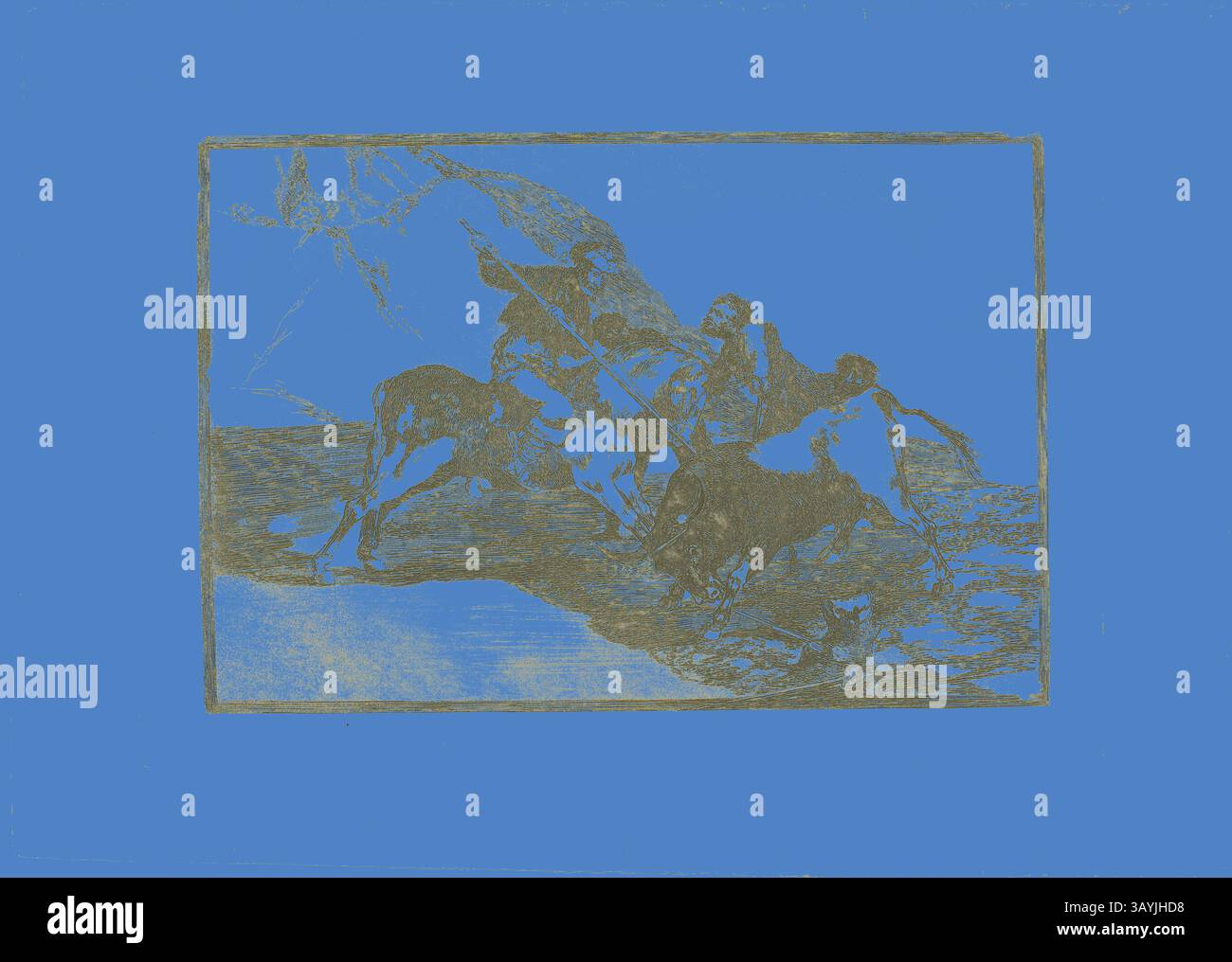 Eine dynamische Szene, die eine Konfrontation zwischen einer Gruppe von Pferdereitern und einer Gruppe von Tieren darstellt, die die Intensität des Augenblicks mit ausdrucksstarken Figuren und Bewegungen einfängt. Der Hintergrund deutet auf eine zerklüftete Landschaft hin, die das Drama der Begegnung noch weiter verstärkt. Die Art und Weise, wie die alten Spanier Stiere zu Pferd im offenen Land jagten, Platte eins aus der Kunst des Stierkampfes, 1814/16, Francisco José de Goya y Lucientes, Spanisch, 1746-1828, Spanien, Etching, brünierter Aquatint und Trockenspitze auf elfenbeinfarbenem Büttenpapier, 210 x 310 mm (Bild), 250 x 353 mm (Platte), 320 x 445 mm (Blatt) Klassische Kunst Stockfoto