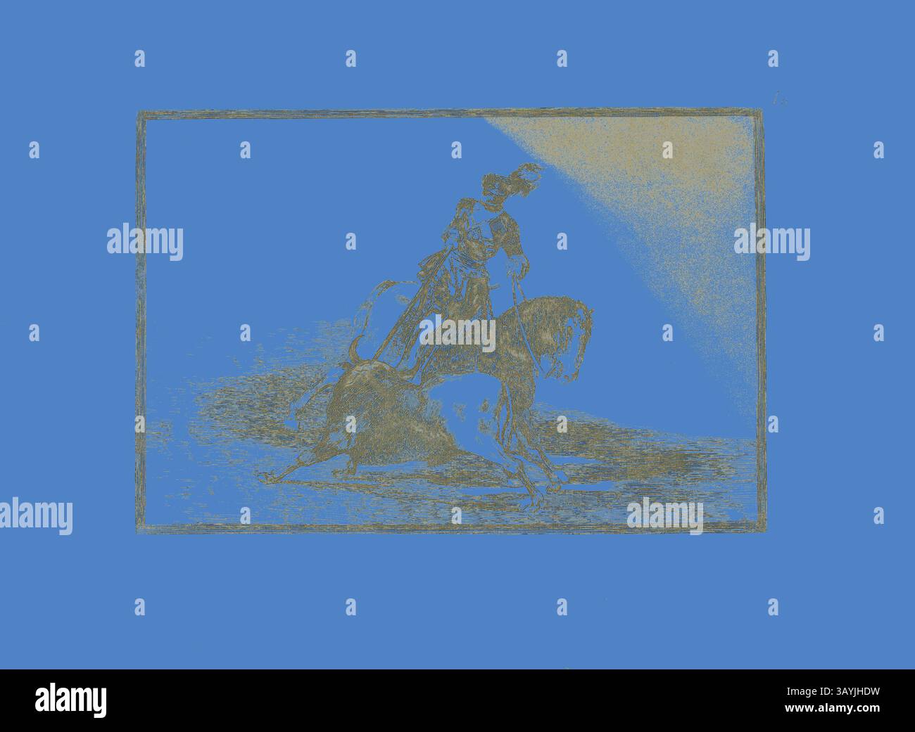 Eine Figur in Rüstung reitet auf einem kräftigen Pferd, das in einer dynamischen Position steht, unter einem Lichtstrahl, der ihre Silhouette vor einem leuchtend blauen Hintergrund betont. Die Szene vermittelt ein Gefühl von Stärke und Entschlossenheit und hält einen Moment der Handlung und Anmut fest. Karl V. spitzt einen Stier im Ring von Valladolid, Platte zehn aus der Kunst des Stierkampfes, 1814/16, publiziert 1816, Francisco José de Goya y Lucientes, Spanisch, 1746-1828, Spanien, Etching, brünierter Aquatint, Trockenspitze und Grain auf elfenbeinfarbenem Büttenpapier, 210 x 310 mm (Bild), 250 x 352 mm (Platte), 325 x 445 mm (Blatt) Klassische Kunst mit A Stockfoto