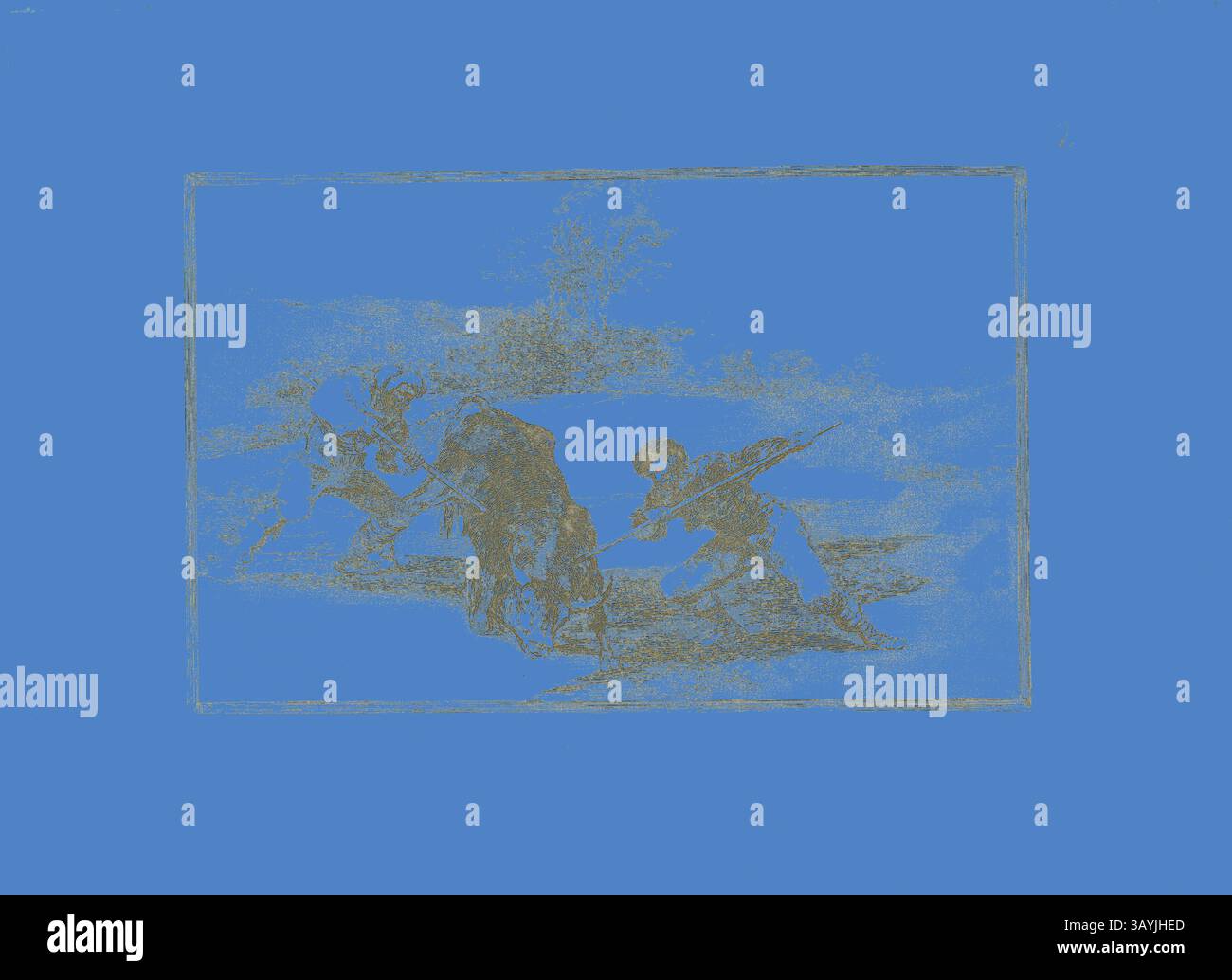 Eine Gruppe von Figuren scheint in einen Kampf verwickelt zu sein, wobei zwei Personen Waffen halten, während eine andere ihre Haltung unterstützt. Der Hintergrund zeigt eine Landschaft, die auf eine Szene des Konflikts oder Abenteuers hindeutet. Die dominante Farbe verleiht der Darstellung einen einzigartigen Kontrast. Eine andere Art der Jagd zu Fuß, Platte zwei aus der Kunst des Stierkampfes, 1814/16, veröffentlicht 1816, Francisco José de Goya y Lucientes, Spanisch, 1746-1828, Spanien, Etching, brünierter Aquatint, Trockenspitze und Grain auf elfenbeinfarbenem Büttenpapier, 199 x 309 mm (Bild), 243 x 352 mm (Platte), 321 x 450 mm (Blatt) Klassische Kunst mit modernem Touch Stockfoto