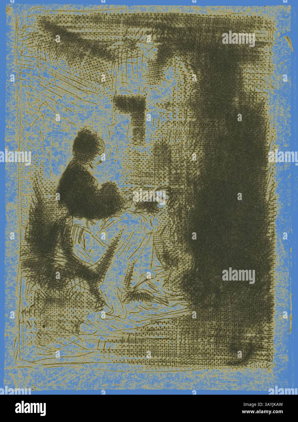 Eine Einzelfigur sitzt in einem schwach beleuchteten Raum, in der Besinnung absorbiert. Die umgebenden Schatten und das Licht erzeugen ein Gefühl der Introspektion und heben die emotionale Tiefe der Szene hervor. A Woman and her Child, 1843, Charles Emile Jacque, Französisch, 1813-1894, Frankreich, Drypoint und Roulette auf cremefarbenem Büttenpapier, 51 x 38 mm Klassische Kunst mit einem modernen Twist von Artotop Stockfoto