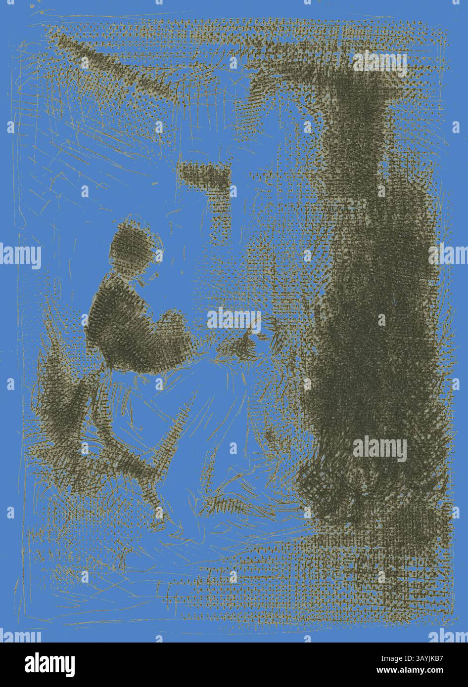 Eine Figur sitzt ruhig, eingetaucht in die Betrachtung, umgeben von abstrakten Formen und Texturen, die ein Gefühl von Tiefe und emotionaler Resonanz hervorrufen. Das Zusammenspiel von Licht und Schatten schafft eine ruhige Atmosphäre, die einen Moment der Introspektion einfängt. Frau und ihre Kinder, ca. 1843, Charles Emile Jacque, Französisch, 1813-1894, Frankreich, Drypoint und Roulette auf elfenbeinfarbenem Webpapier, 91 x 109 mm (Platte), 111 x 135 mm (Blatt) Klassische Kunst mit modernem Twist, neu interpretiert von Artotop Stockfoto