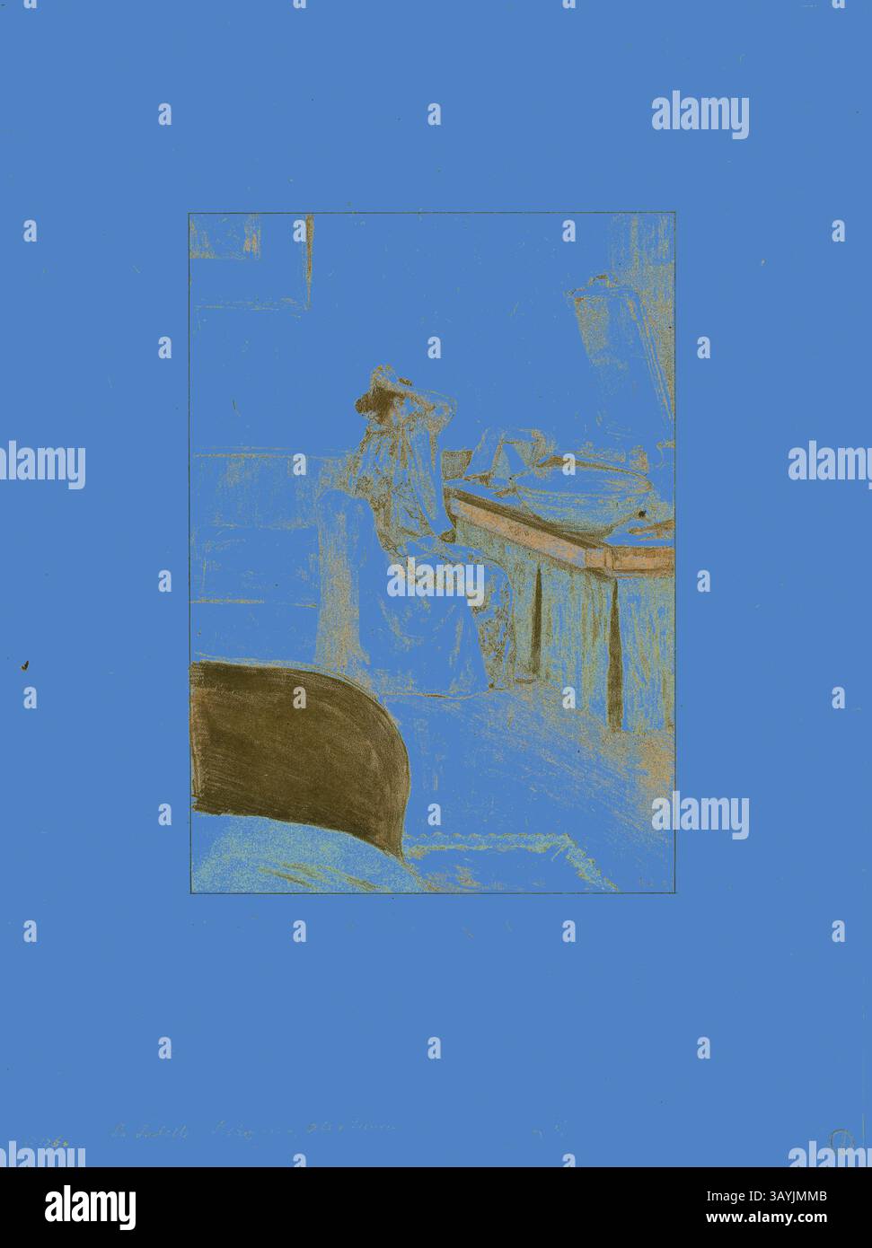 Eine Figur sitzt tief in Gedanken an einem Schreibtisch in einem Raum, umgeben von einer ruhigen Wohnatmosphäre. Die Szene vermittelt ein Gefühl von Einsamkeit und Introspektion, mit weichen Möbeln und einem sanften Lichtspiel, das die kontemplative Stimmung verstärkt. La Toilette, 1892–93, Alexandre Lunois, Französisch, 1863–1916, Frankreich, Lithografie in Rose, Hellgrün-Blau und Braun auf grau-elfenbeinfarbenem Porzellanpapier, 226 x 161 mm (Bild), 382 x 284 mm (Blatt) Klassische Kunst mit modernem Touch, neu interpretiert von Artotop Stockfoto