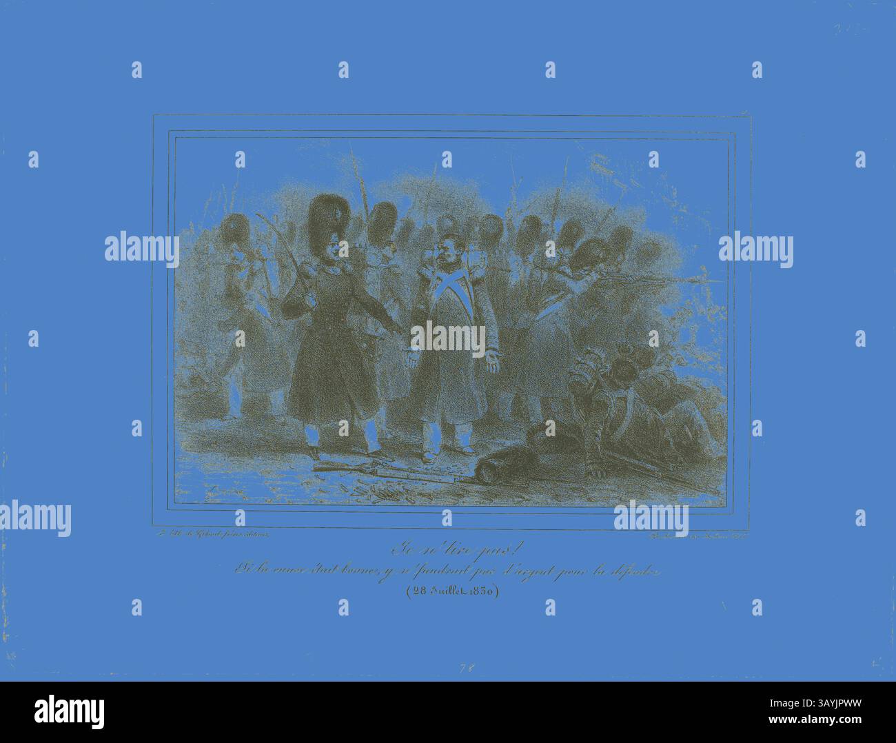 Eine historische Szene, die eine Gruppe von Soldaten in historischen Uniformen darstellt, die in einer zeremoniellen oder militärischen Formation mit bemerkenswerter Aufmerksamkeit auf ihre Waffen und Haltung verwickelt sind. Der Hintergrund deutet auf Bewegung hin, während einige Figuren knien oder ruhen, was der Komposition ein dynamisches Element verleiht. Je n’Tire pas! SI la cause était bonne, y n’faudrait pas d’argent pour la défendre. 28. Juli 1830, 1831, Denis Auguste Marie Raffet (Französisch, 1804-1860), gedruckt von Chez Gihaut Frères (Französisch, 19. Jahrhundert), Frankreich, Lithographie auf elfenbeinfarbenem Webpapier, 151 x 228 mm (Bild, bis zum ersten Rand), 278 x 370 mm (Blatt) Stockfoto