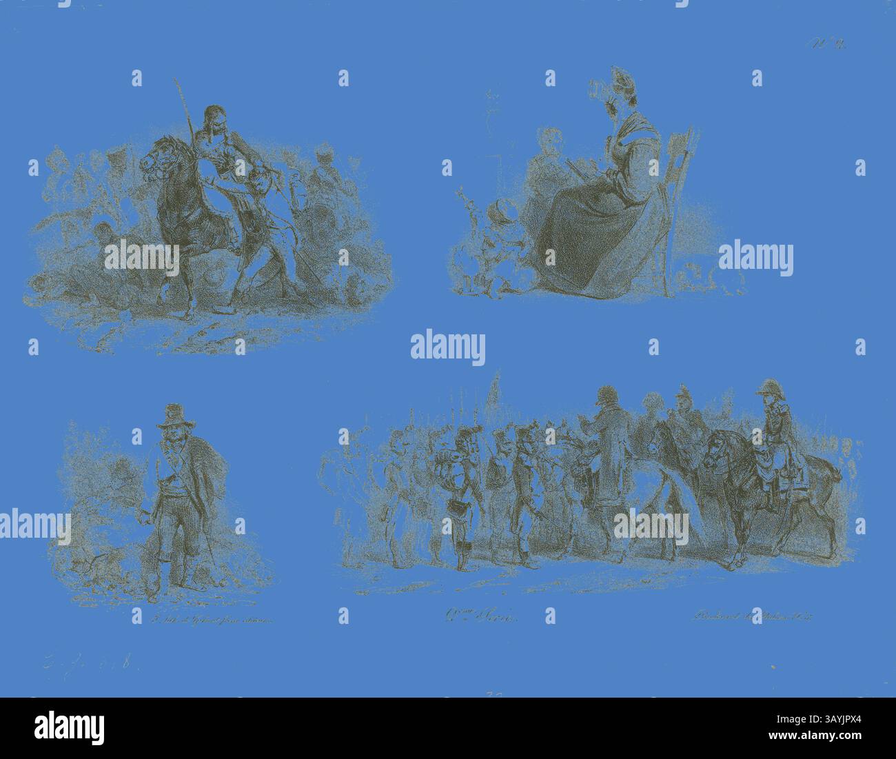 Eine Sammlung historischer Szenen mit Figuren auf dem Pferd, einer sitzenden Frau in historischen Gewändern und einer Militärformation, die Themen wie Führung, Tradition und Kameradschaft zeigt. Sketches, 1829–30, Denis Auguste Marie Raffet (französisch, 1804–1860), gedruckt von Chez Gihaut Frères (französisch, 19. Jahrhundert), Frankreich, Lithographie in Schwarz auf elfenbeinfarbenem Webpapier, 212 x 331 mm (Bild), 257 x 358 mm (Blatt) Klassische Kunst mit modernem Twist von Artotop neu interpretiert Stockfoto