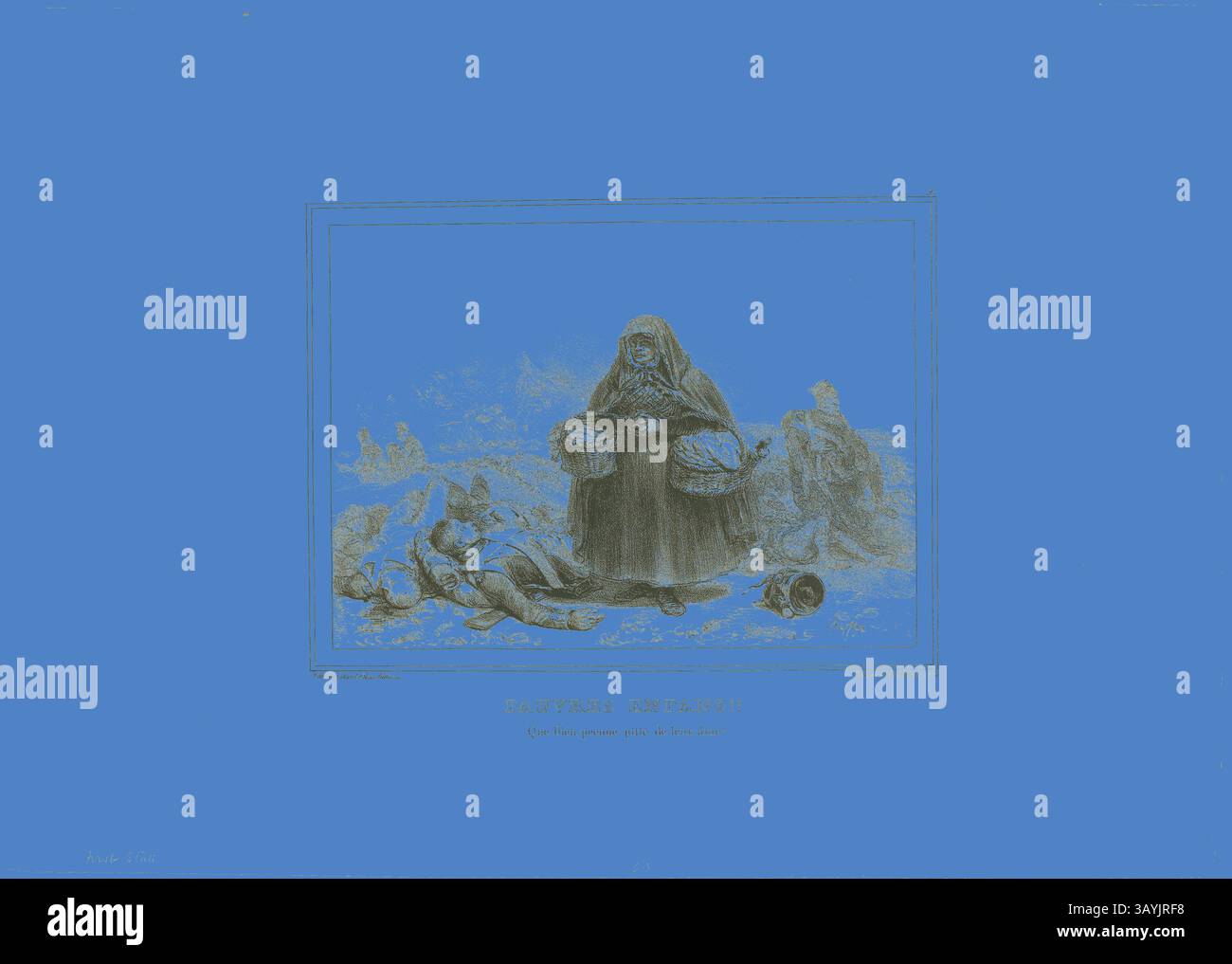 Eine feierliche Figur mit dunkler Kleidung steht mit Körben, umgeben von einer eindrucksvollen Szene müder Individuen, die auf Themen wie Arbeit und Überleben hinweist. Der kontrastierende Hintergrund verstärkt das emotionale Gewicht des Augenblicks. Arme Kinder!! Möge Gott Mitleid mit ihren Seelen haben!, 1834, Denis Auguste Marie Raffet (französisch, 1804-1860), gedruckt von Chez Gihaut Frères (französisch, 19. Jahrhundert), Frankreich, Lithografie in Schwarz auf elfenbeinfarbenem Webpapier, 140 x 194 mm (Bild), 288 x 406 mm (Blatt) Klassische Kunst mit modernem Twist von Artotop neu interpretiert Stockfoto