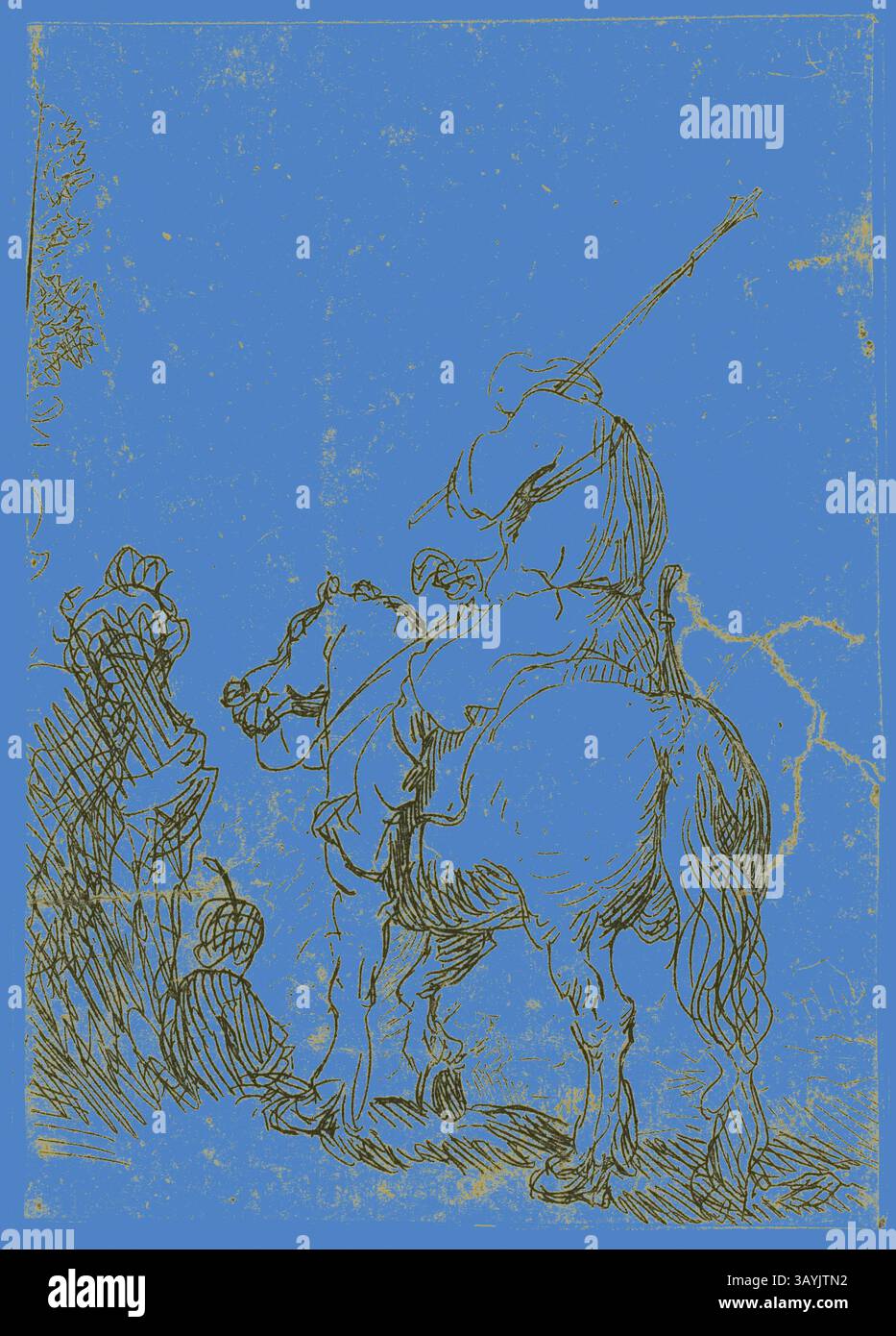 Eine Figur auf dem Rücken des Pferdes wird von hinten dargestellt, die einen Speer hält, während sie durch eine Szene reiten, die auf Bewegung und Erkundung hinweist. In der Nähe ist eine zweite Figur teilweise sichtbar, die der Komposition Tiefe verleiht. Der Hintergrund zeigt ein strukturiertes Blau, das sich im Kontrast zu den detaillierten Linien der Figuren befindet. Turbaned Soldier on Horseback, um 1629, Rembrandt van Rijn, Niederländisch, 1606-1669, Holland, Ätzen auf Papier, 80 x 56 mm (Bild/Platte), 81 x 57 mm (Blatt) Klassische Kunst mit einem modernen Twist, neu interpretiert von Artotop Stockfoto