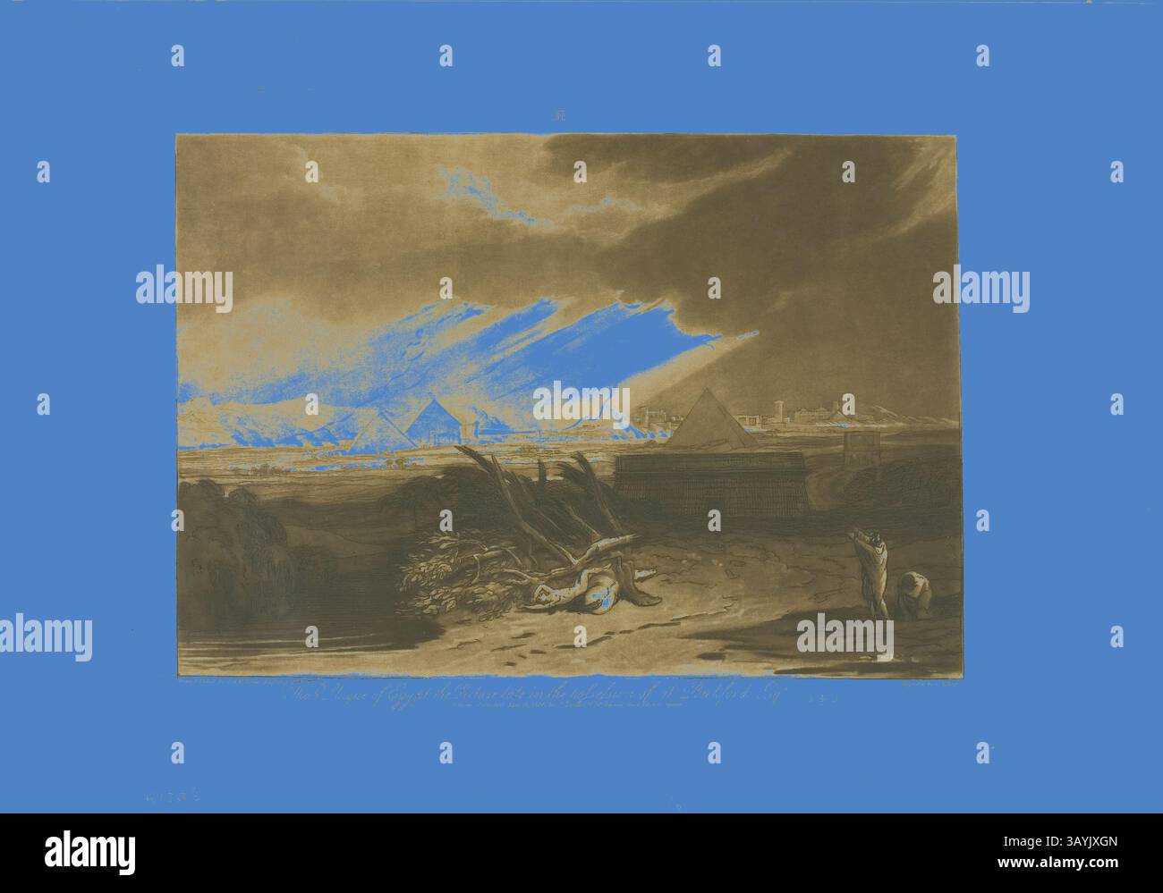 Eine dramatische Landschaft zeigt alte Pyramiden in der Ferne unter einem brodelnden Himmel. Im Vordergrund befindet sich das raue Gelände mit verstreuten Trümmern und zwei Tieren, die der Weite ein Gefühl von Leben verleihen. The Fünfte Pest of Egypt, Plate 16 from Liber Studiorum, veröffentlicht am 10. Juni 1808, Joseph Mallord William Turner (Englisch, 1775-1851), Stich von Charles Turner (Englisch, 1773-1857), England, Ätzen und Stich in Braun auf Elfenbein-Bütten, 179 x 259 mm (Bild), 207 x 290 mm (Platte), 268 x 380 mm (Blatt) Klassische Kunst mit modernem Twist von Artotop neu interpretiert Stockfoto