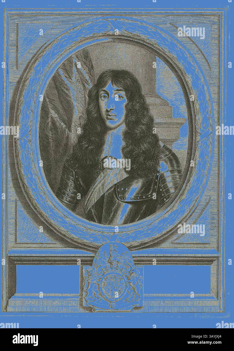 Ein königliches Porträt eines jungen Mannes in aufwendiger Rüstung, mit langen, fließenden Haaren und einem würdevollen Ausdruck. Die komplizierten Details seiner Kleidung und die kunstvolle Umrahmung unterstreichen seinen edlen Status. Der Herzog von Gloucester (Henry Stuart), n.d., Cornelis van Dalen II, Niederländisch, 17. Jahrhundert, Niederlande, Gravur auf elfenbeinfarbenem Büttenpapier, 398 x 288 mm Klassische Kunst mit einem modernen Twist, neu interpretiert von Artotop Stockfoto