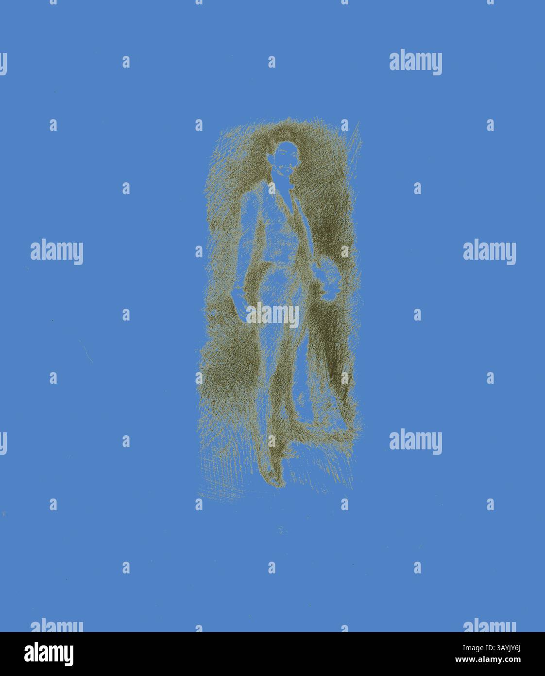 Eine Figur steht selbstbewusst in formeller Kleidung vor einem leuchtend blauen Hintergrund. Die Figur wird auf eine Art und Weise festgehalten, die Haltung und Eleganz betont und ein Gefühl von Präsenz und Gleichmut vermittelt. Graf Robert de Montesquiou, Nr. 2, 1894, James McNeill Whistler, Amerikaner, 1834-1903, Vereinigte Staaten, Transfer-Lithographie in Schwarz mit Schaben, auf grauem Elfenbein-Porzellanpapier, 227 x 96 mm (Bild), 360 x 332 mm (Blatt) Klassische Kunst mit modernem Twist von Artotop neu interpretiert Stockfoto