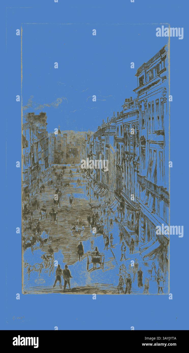 Die belebte Straßenszene der Stadt, voller Fußgänger und Pferdekutschen, zeigt Gebäude entlang der Durchgangsstraße unter einem breiten Himmel, die alle mit einem auffälligen blauen Hintergrund interpretiert werden. St. James’s Street, 1878, James McNeill Whistler, amerikanisch, 1834-1903, USA, Ätzen in schwarzer Tinte auf elfenbeinfarbenem Papier, 278 x 152 mm (Platte), 322 x 181 mm (Blatt) Klassische Kunst mit einem modernen Twist, neu interpretiert von Artotop Stockfoto