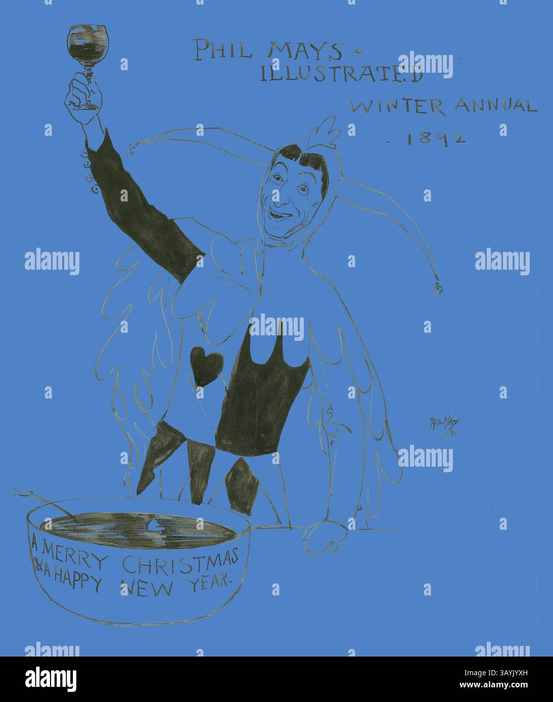 Ein fröhlicher Narr in farbenfroher Kleidung hebt ein Glas zur Feier auf, während er neben einer großen Schüssel steht, in der festliche Wünsche für frohe Weihnachten und ein frohes neues Jahr geschrieben sind. Der Hintergrund ist leuchtend blau und unterstreicht den verspielten und fröhlichen Ton der Szene. Study for Cover, 1892, Philipp William May, Englisch, 1864-1903, England, Stift und schwarze Tinte mit Pinsel und schwarzer Waschung, über blauem Bleistift, auf elfenbeinfarbener Webkarte, 254 x 213 mm Klassische Kunst mit einem modernen Twist, neu interpretiert von Artotop Stockfoto