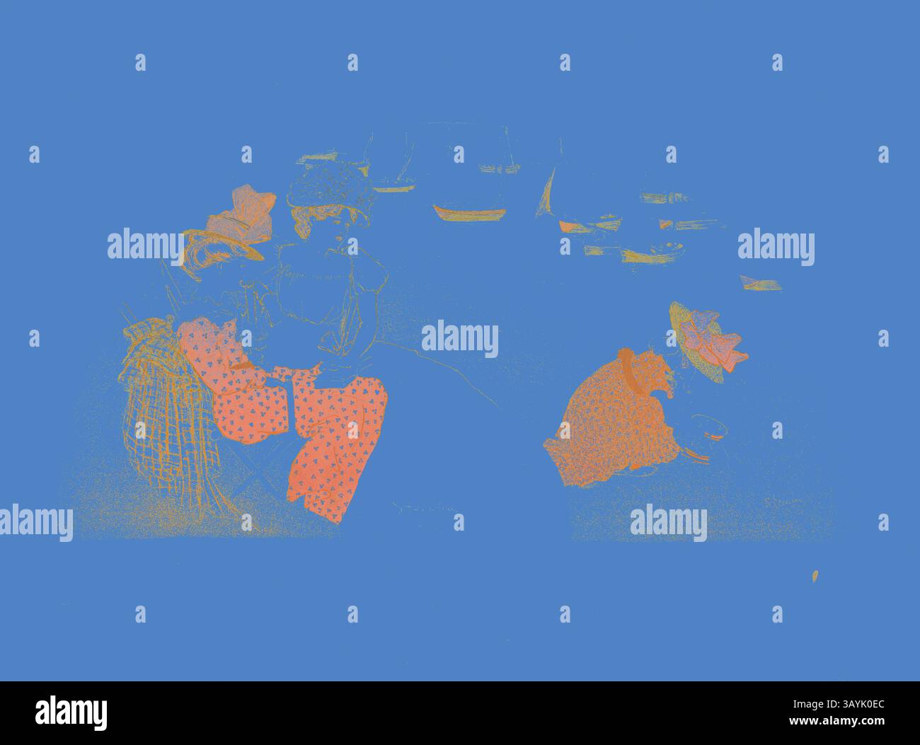 Bei einer lebhaften Zusammenkunft unterhalten sich Personen, umgeben von farbenfrohen Textilien und Objekten, die eine lebhafte und warme Atmosphäre schaffen. Die Umgebung lässt einen intimen Moment des Teilens und der Verbindung vermuten. On the Beach, 1900, Théophile-Alexandre Steinlen, Franzose, geboren in der Schweiz, 1859-1923, Frankreich, Lithografie in 5 Farben (Gelb Ocker, Braun, Rot, Orange und Blau) auf grau-elfenbeinfarbenem Webchine, 301 x 580 mm (Bild), 506 x 650 mm (Blatt) Klassische Kunst mit einem modernen Twist von Artotop Stockfoto