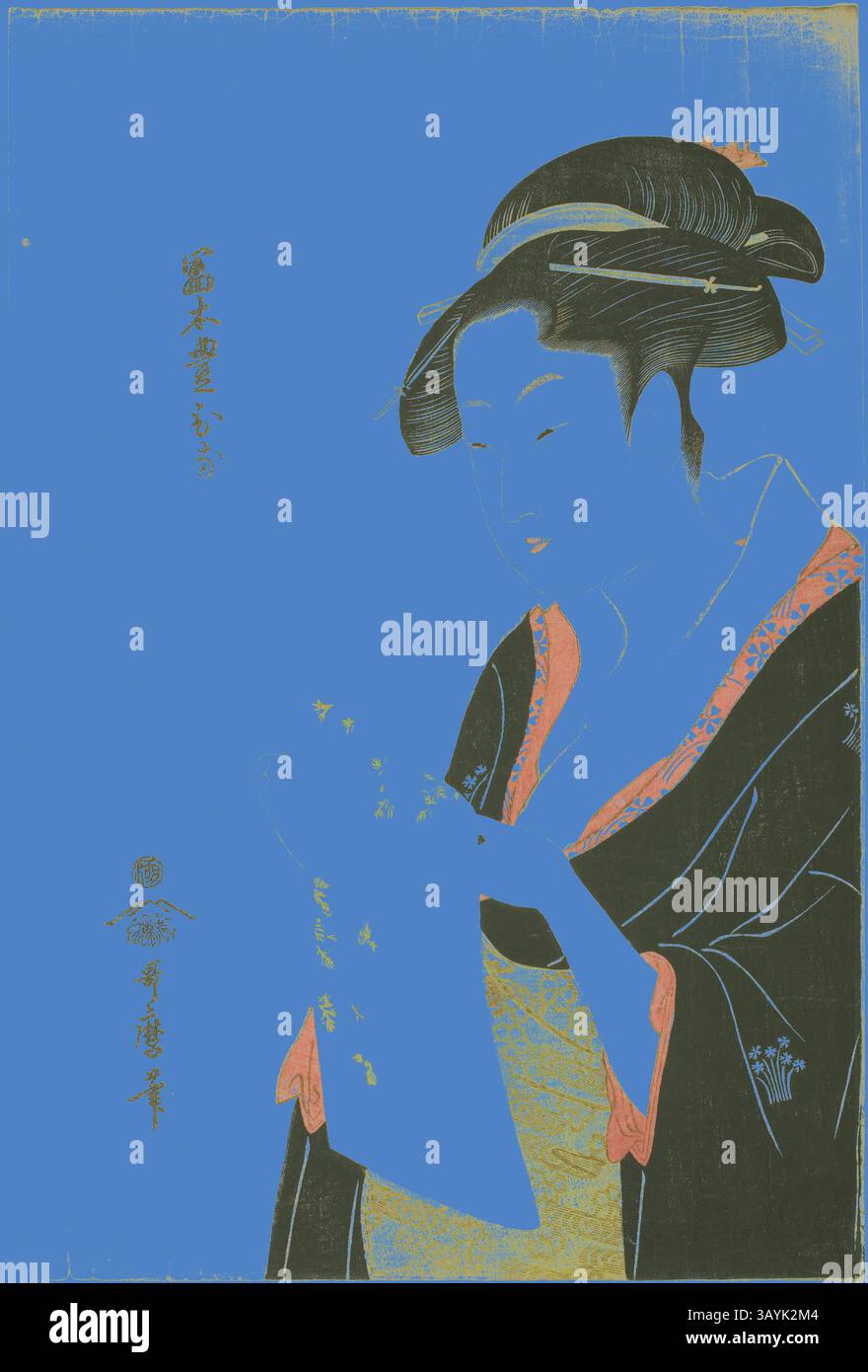 Eine anmutige Frau in traditioneller Kleidung hält einen gefalteten Brief, ihren Ausdruck nachdenklich und introspektiv. Die detailreichen Details ihres Kimonos stehen im Kontrast zum lebendigen Hintergrund und betonen ihre Eleganz und Ausgewogenheit. Tomimoto Toyohina, ca. 1793, Kitagawa Utamaro 喜多川 歌麿, Japanisch, 1753 (?)-1806, Japan, Farbholzdruck, oban, 37,5 x 25,0 cm Klassische Kunst mit einem modernen Twist von Artotop Stockfoto