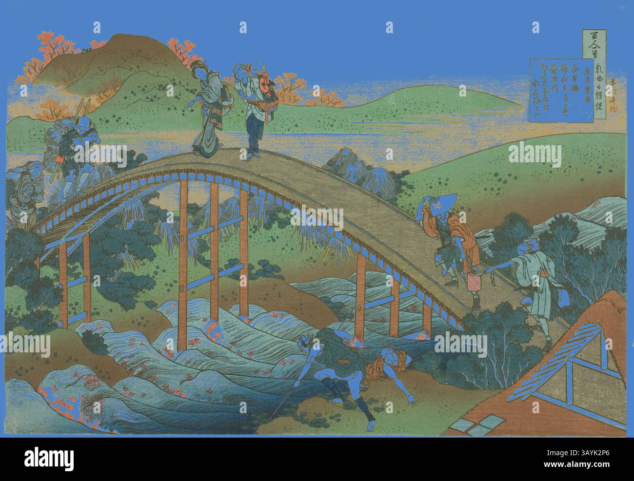 Eine ruhige Landschaft zeigt eine traditionelle Brücke, die anmutig über einen fließenden Bach verläuft. Figuren in historischer Kleidung überqueren die Brücke, einige tragen Körbe, während üppige Hügel und blühende Blumen eine malerische Kulisse bilden. Kalligraphischer Text verleiht der Szene einen künstlerischen Touch und unterstreicht den kulturellen Reichtum. Menschen überqueren eine Bogenbrücke (Ariwara no Narihira) aus der Serie hundert Gedichte, wie sie von der Krankenschwester (Hyakunin isshu uba GA etoki) erklärt werden, um 1835/36, Katsushika Hokusai 葛飾 北斎, Japanisch, 1760-1849, Japan, Farbholzdruck, oban, 26,1 x 37,7 cm (10 1/4 x 14 5/8 Zoll Stockfoto