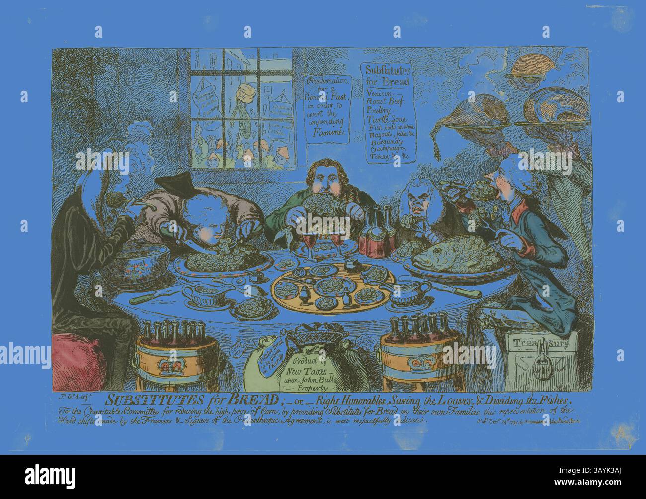 Eine skurrile Szene zeigt eine Gruppe elegant gekleideter Personen, die sich um einen üppigen Esstisch versammeln und eine Reihe ungewöhnlicher Gerichte genießen. Der Tisch ist voll mit extravaganten Platten, und die Charaktere führen animierte Gespräche, umgeben von einer Atmosphäre satirischen Genusses. Ein Fenster im Hintergrund zeigt einen Hauch von der Außenwelt, im Kontrast zur Opulenz ihrer Mahlzeit. Substituts for Bread, veröffentlicht am 24. Dezember 1795, James Gillray (Englisch, 1756-1815), herausgegeben von Hannah Humphrey (englisch, ca. 1745–1818), England, Ätzen in Dunkelbraun, mit handkolorierter Färbung Stockfoto