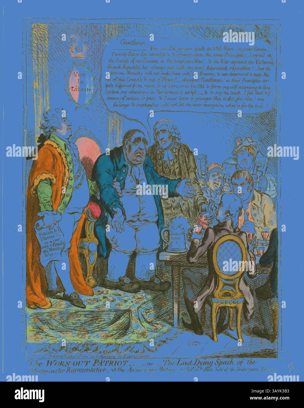 Eine Gruppe historischer Persönlichkeiten ist in eine hitzige Diskussion verwickelt. Ein Mann steht dramatisch, mit Gesten, als er die Gruppe anspricht, die vor ihm sitzt, zu der ein großer, seriöser Gentleman gehört. Das Setting deutet auf eine formelle Zusammenkunft hin, bei der Elemente der Satire und des politischen Kommentars in ihren Ausdrücken und Haltungen deutlich werden. Ein kunstvoller Rahmen umgibt die Szene und verleiht der dramatischen Konfrontation einen Hauch von Kunst. The Traed-Out Patriot, veröffentlicht am 13. Oktober 1800, James Gillray (Englisch, 1756–1815), herausgegeben von Hannah Humphrey (englisch, ca. 1745–1818), England, handkolorierte Ätzung auf Papier Stockfoto